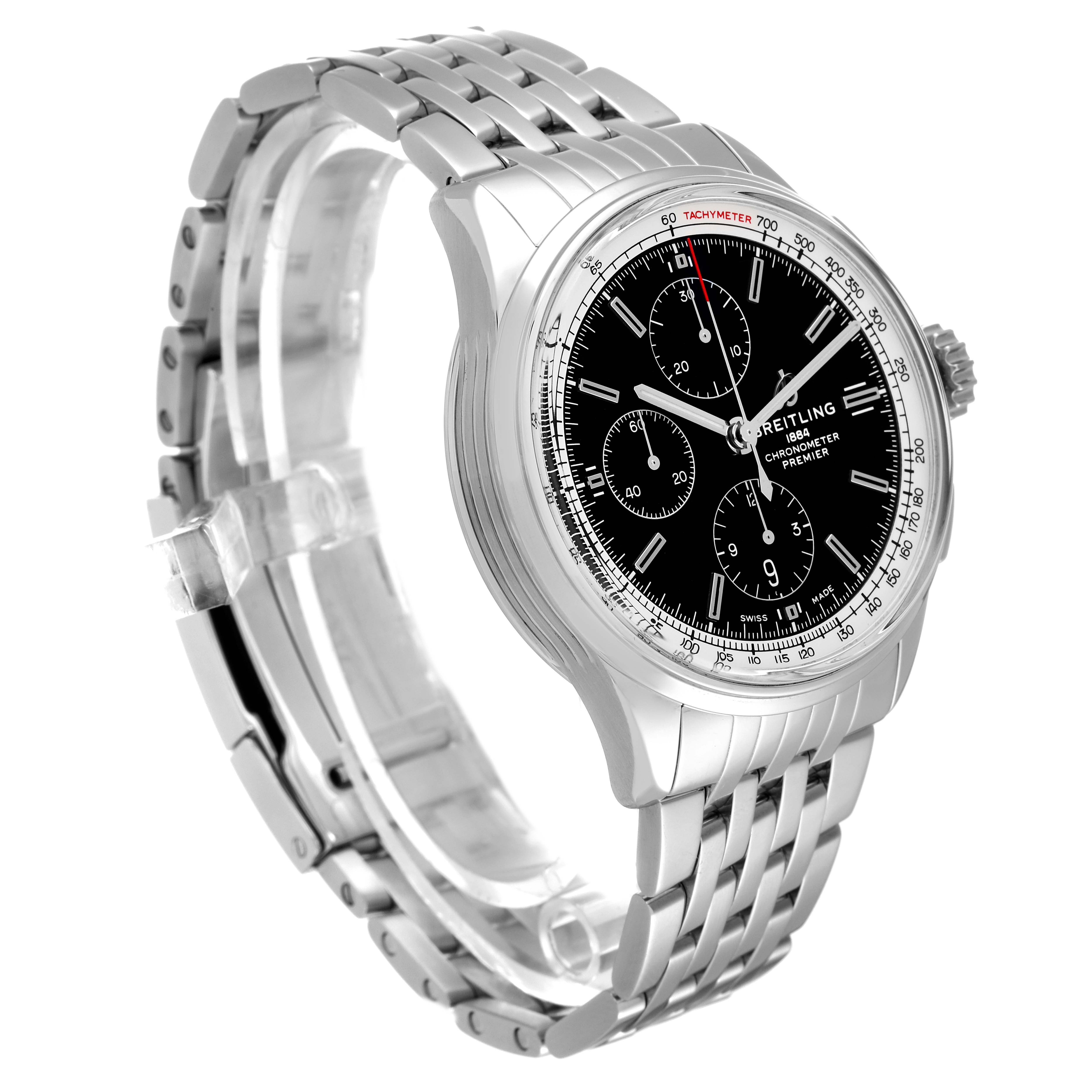 The image shows a Breitling Premier A13315 Men's Stainless Steel Black Dial A13315 Men's Stainless Steel Black Dial model watch at a three-quarter angle, highlighting the face, bezel, crown, and bracelet.