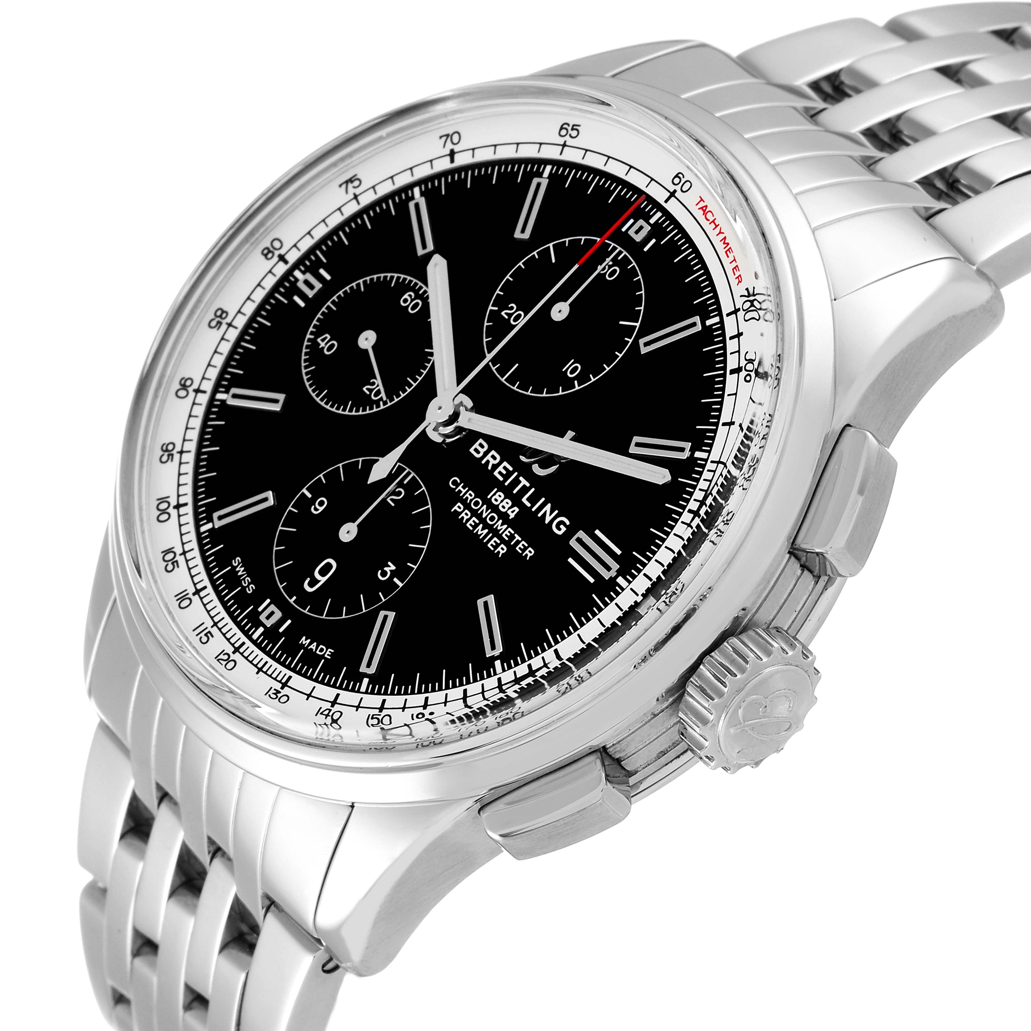 The image shows a Breitling Premier A13315 Men's Stainless Steel Black Dial A13315 Men's Stainless Steel Black Dial watch at an oblique angle, highlighting the black dial, silver subdials, case, and bracelet.