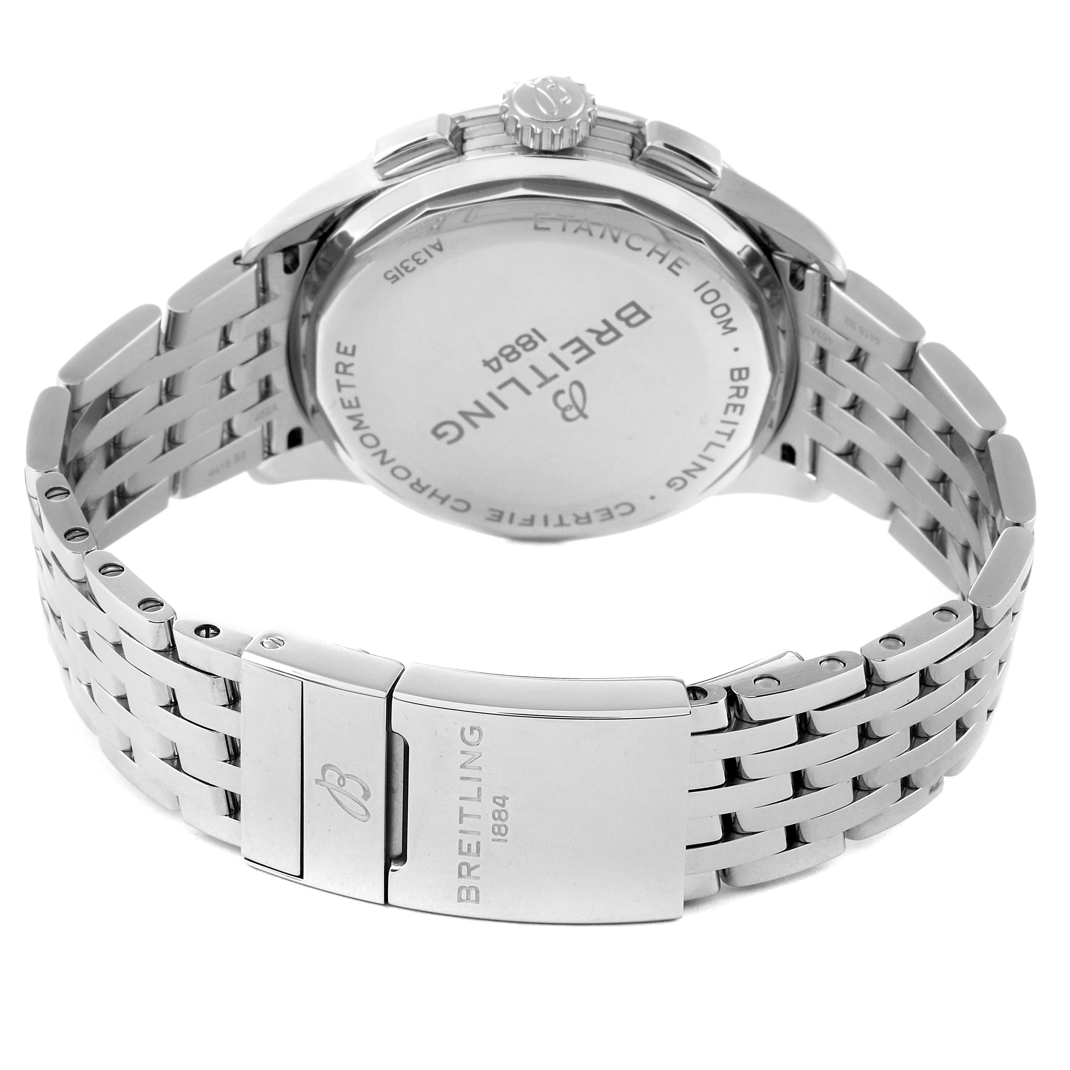 The image shows the back case and clasp of the Breitling Premier A13315 Men's Stainless Steel Black Dial A13315 Men's Stainless Steel Black Dial watch from a rear angle.