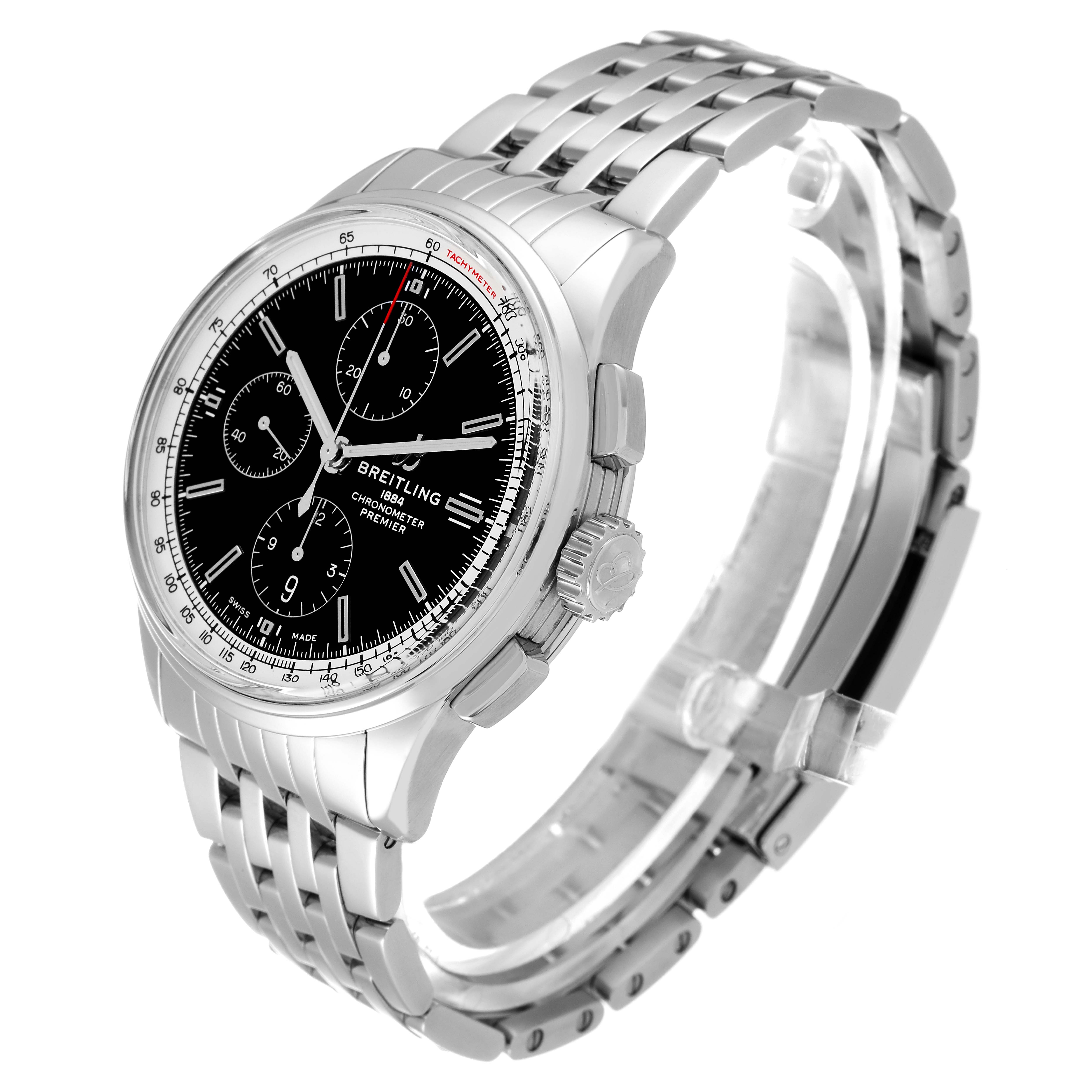 The Breitling Premier A13315 Men's Stainless Steel Black Dial A13315 Men's Stainless Steel Black Dial watch is angled right, displaying its black dial, chronograph sub-dials, stainless steel case, and bracelet.