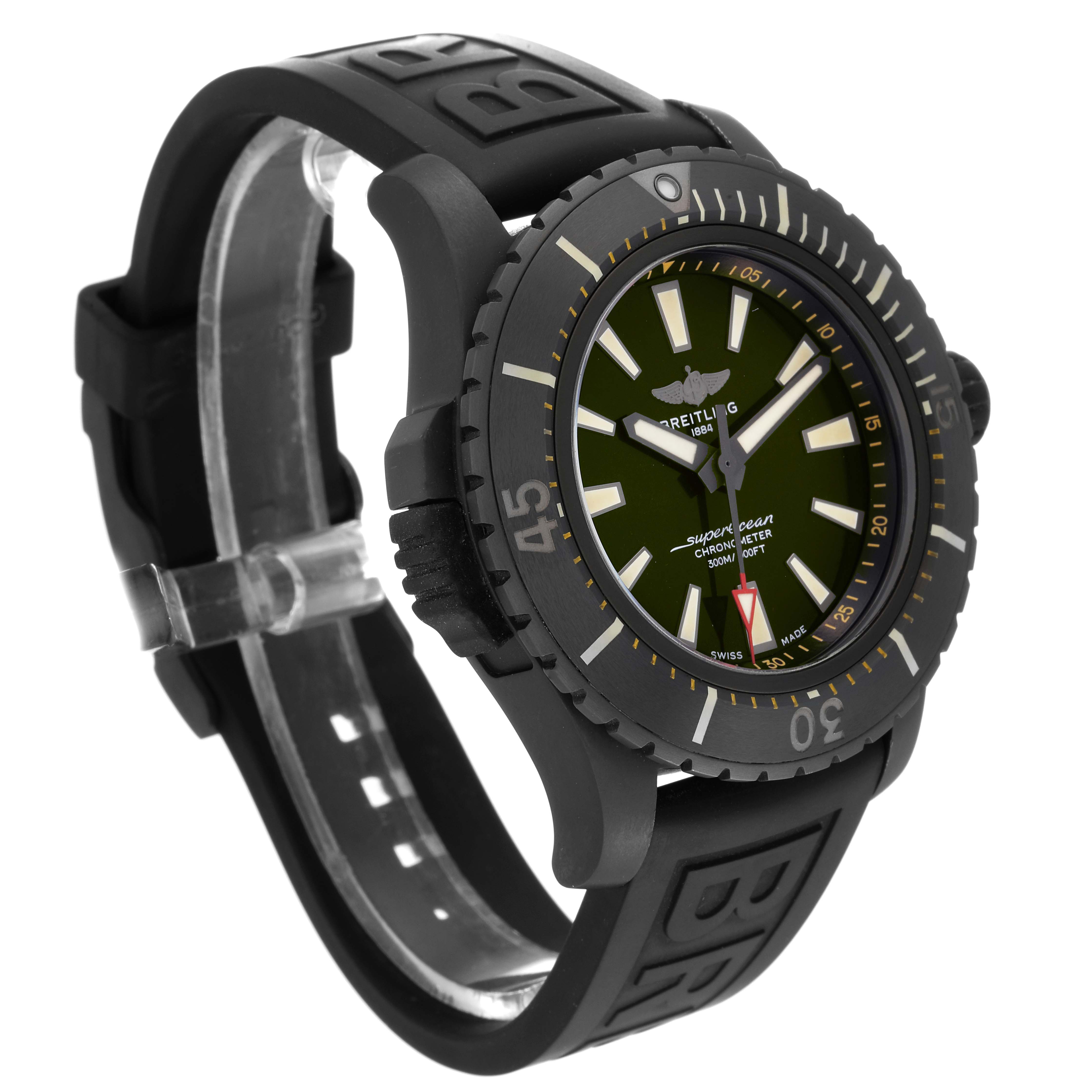The image shows a side view of the Breitling Superocean V17369 Men's Titanium Green Dial V17369 Men's Titanium Green Dial watch, highlighting the black bezel, strap, and green dial.