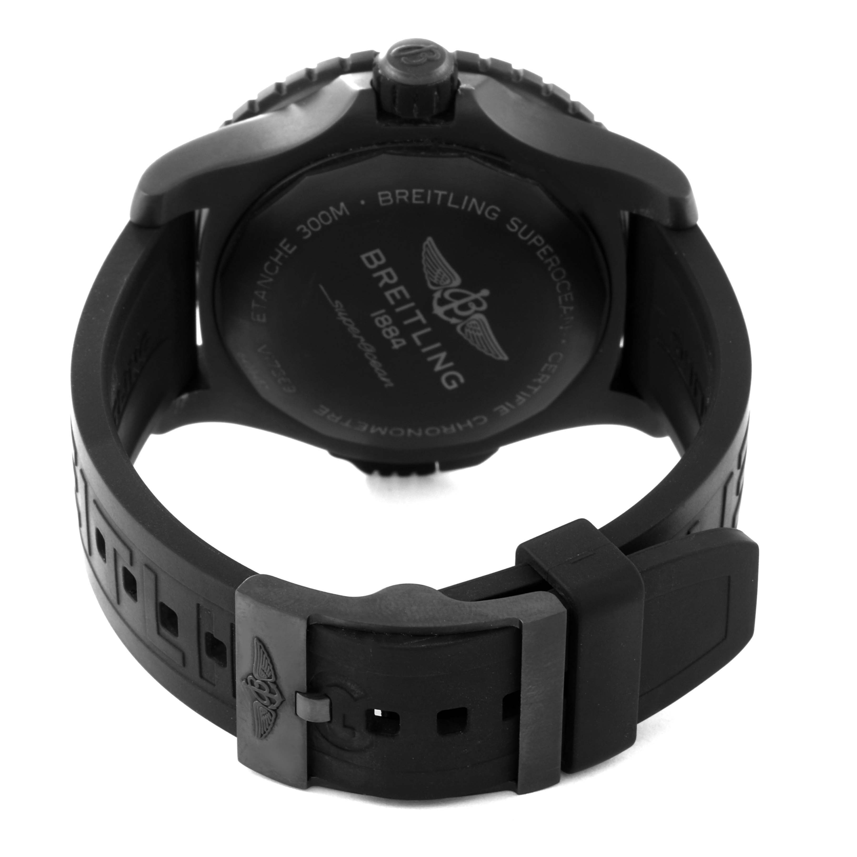 The image shows the backside of the Breitling Superocean V17369 Men's Titanium Green Dial V17369 Men's Titanium Green Dial watch, including the case back, crown, and part of the rubber strap with the clasp.