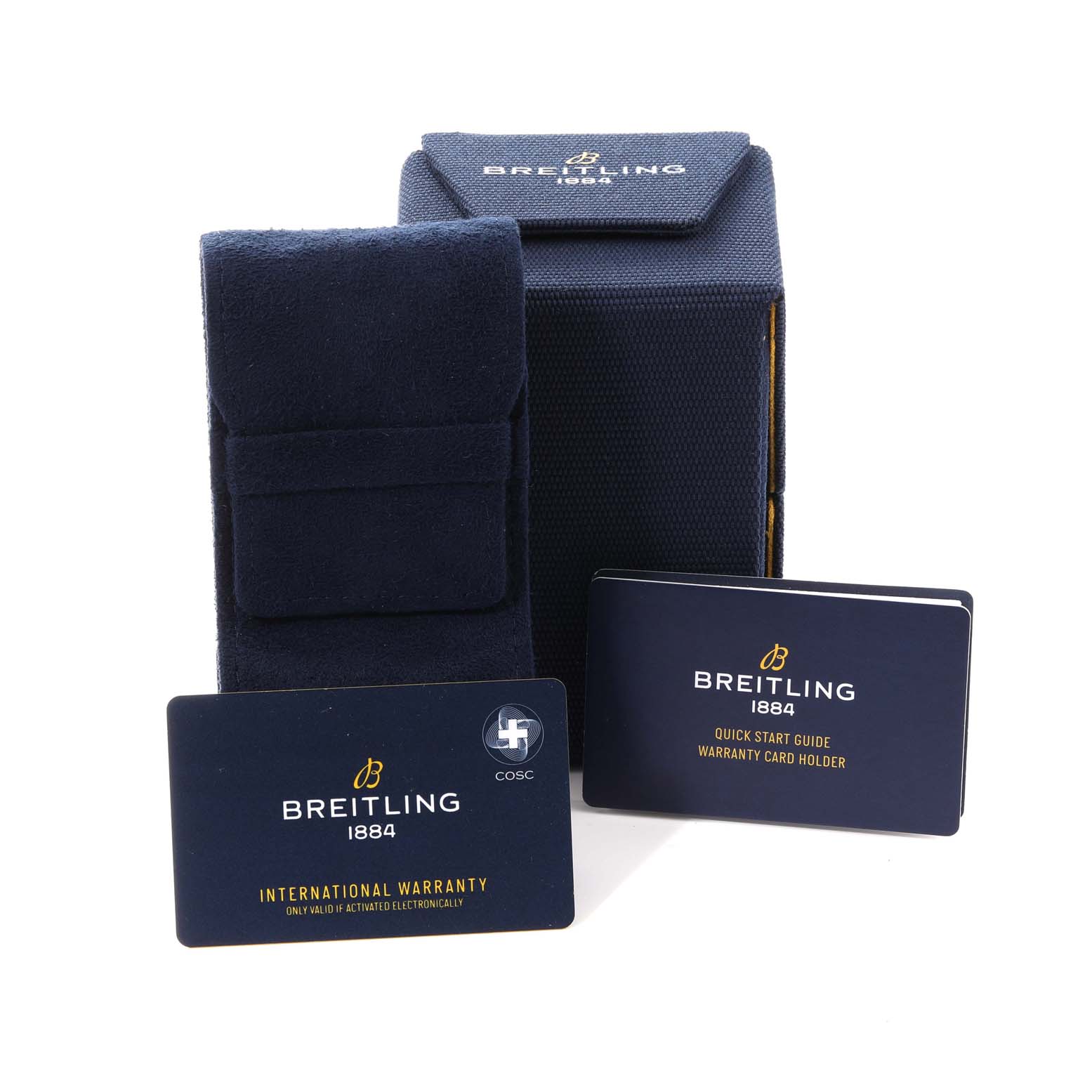 The image shows the packaging, international warranty card, and quick start guide for the Breitling Superocean V17369 Men's Titanium Green Dial V17369 Men's Titanium Green Dial watch.