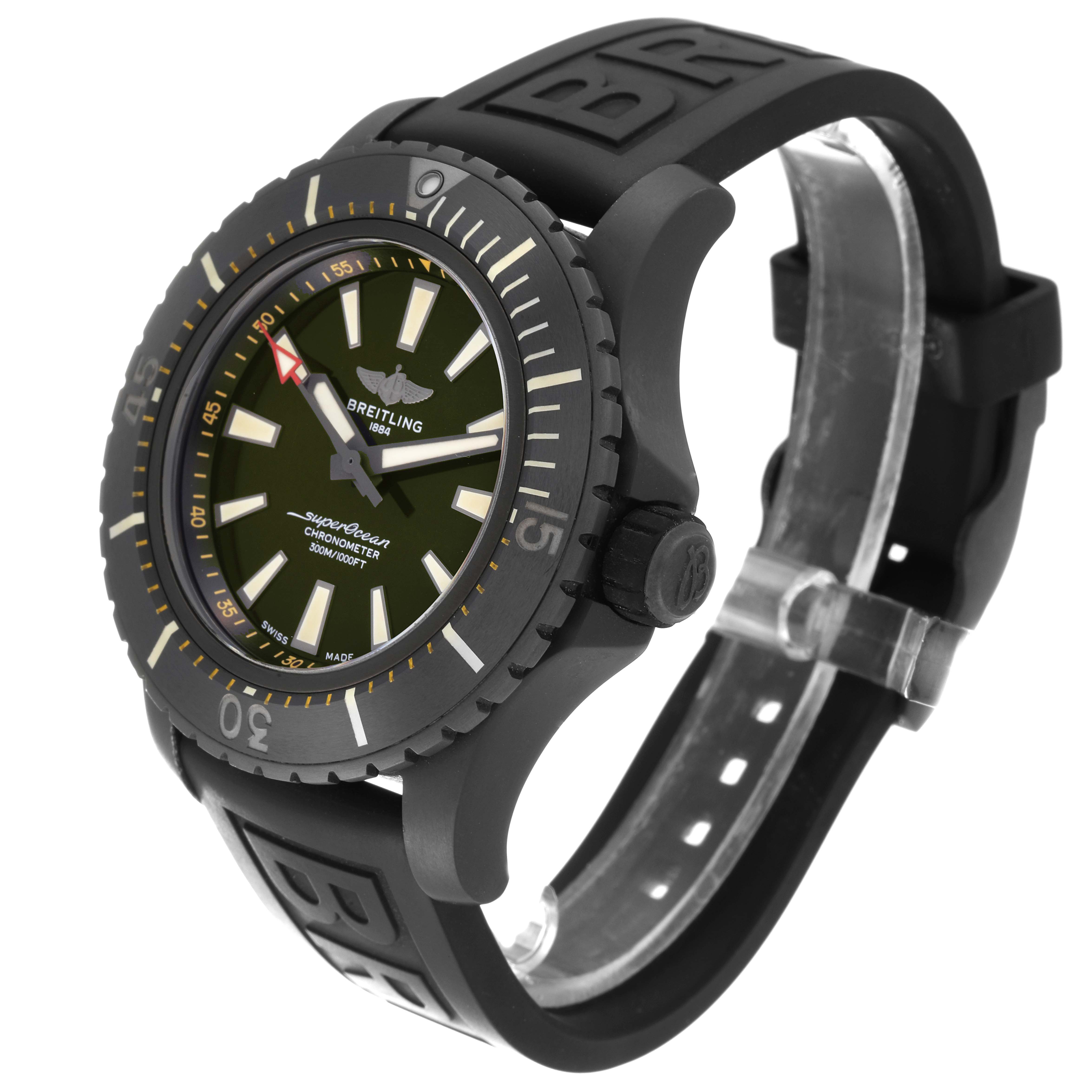 The image shows a diagonal front view of the Breitling Superocean V17369 Men's Titanium Green Dial V17369 Men's Titanium Green Dial watch, highlighting its face, bezel, and rubber strap.