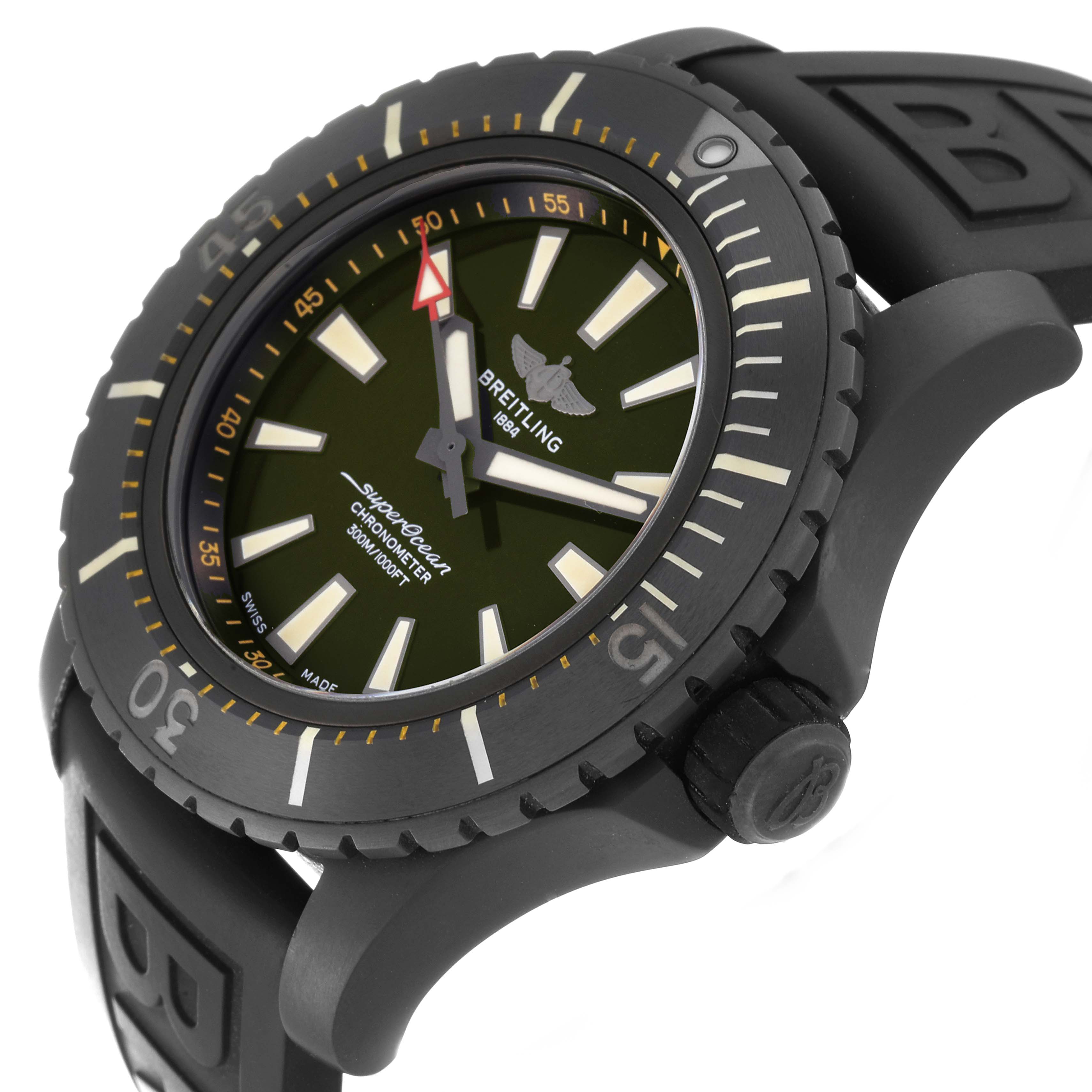 This image shows a front angled view of the Breitling Superocean V17369 Men's Titanium Green Dial V17369 Men's Titanium Green Dial watch, highlighting the dial, bezel, and part of the strap.