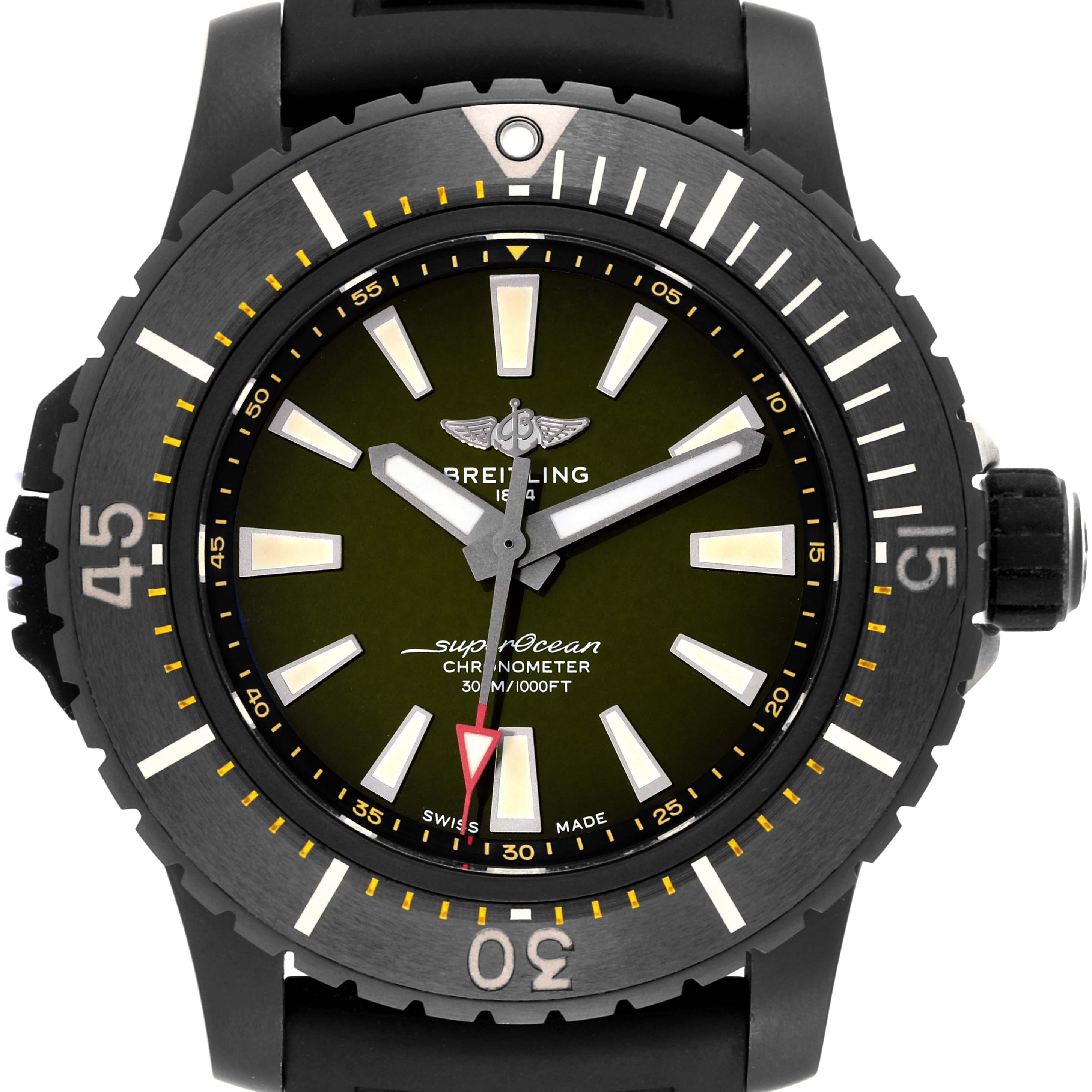 This image displays the front view of the Breitling Superocean V17369 Men's Titanium Green Dial V17369 Men's Titanium Green Dial watch, highlighting its bezel, dial, and hands.