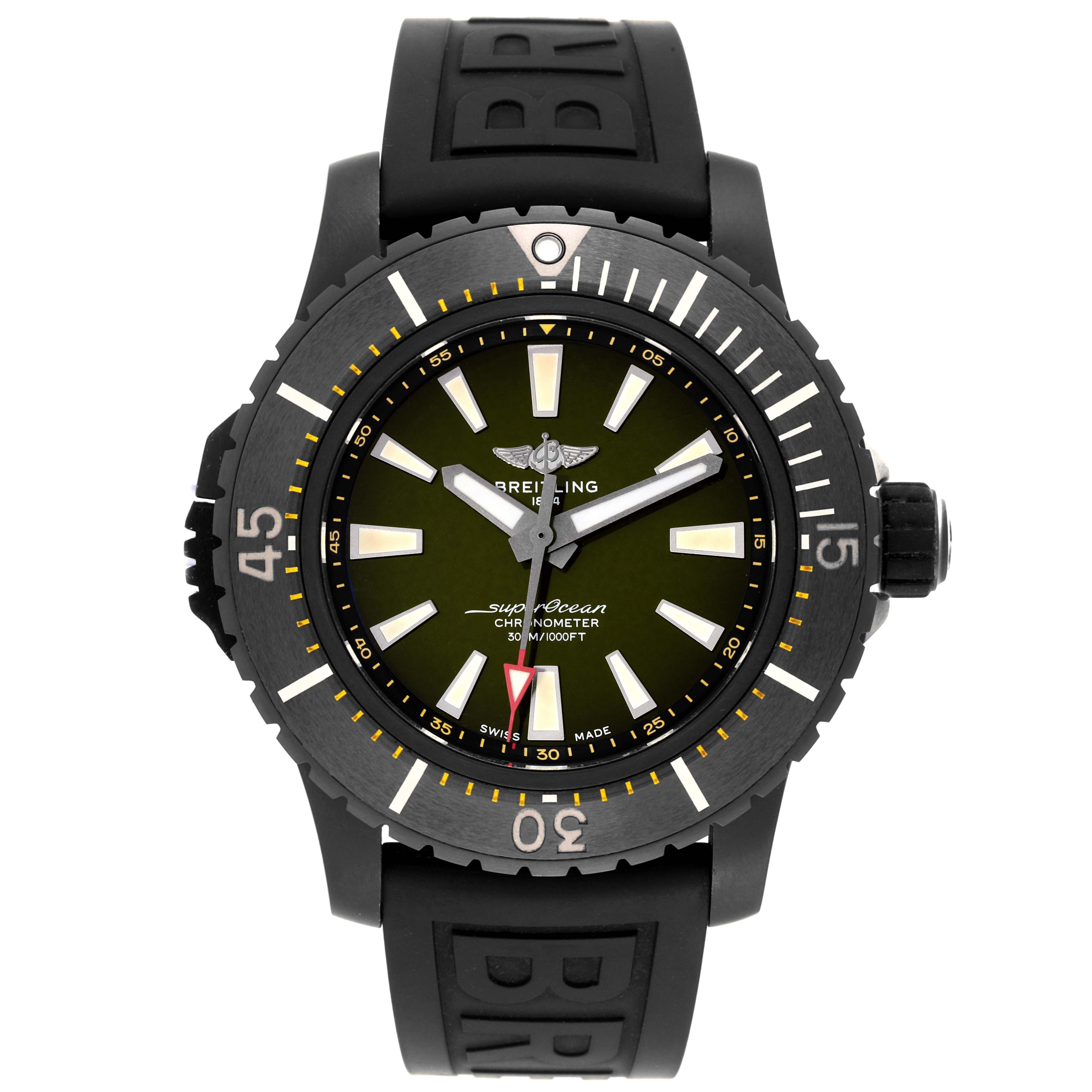 The image shows a front view of a Breitling Superocean V17369 Men's Titanium Green Dial V17369 Men's Titanium Green Dial watch, highlighting its dial, bezel, strap, and crown.