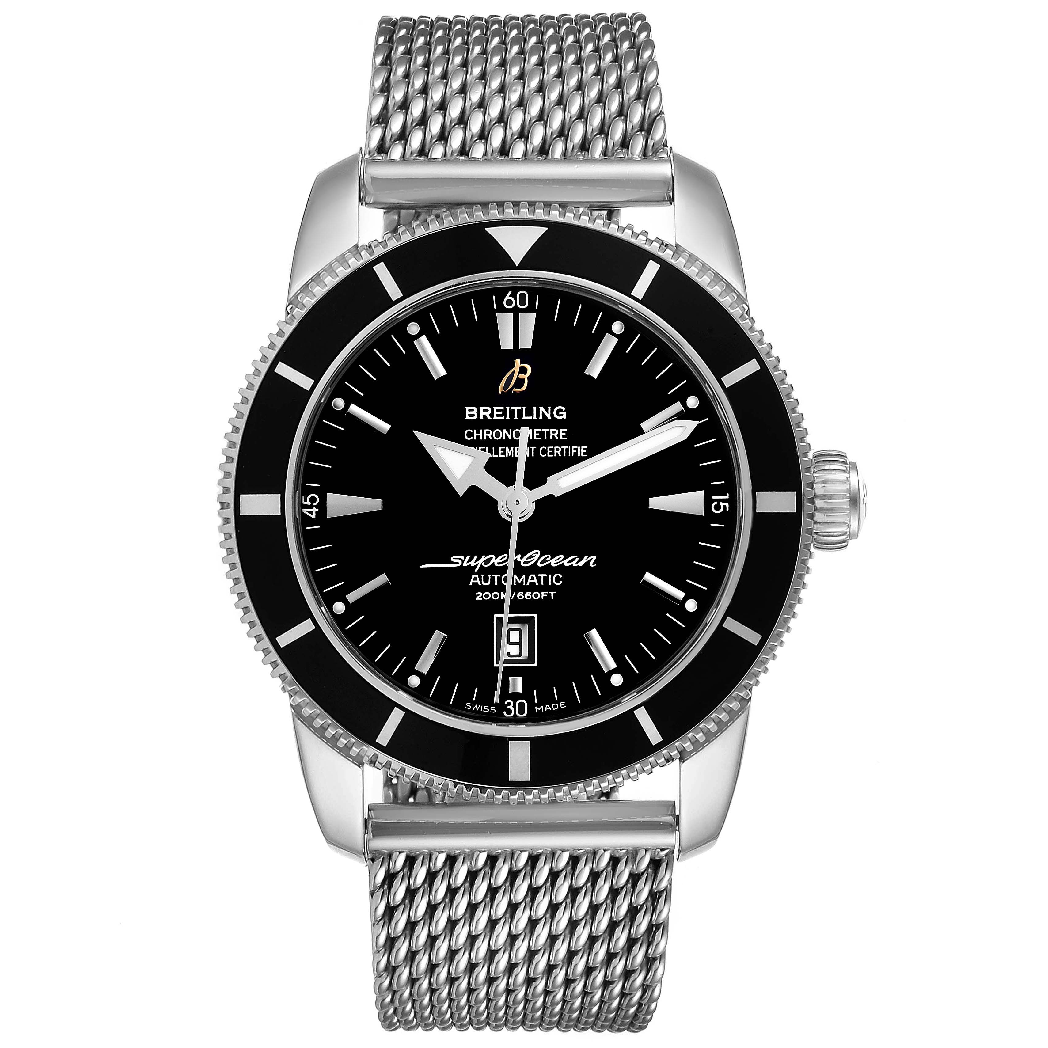 This Breitling Superocean A17320 Men's Stainless Steel Black Dial A17320 Men's Stainless Steel Black Dial watch is shown from a front angle, highlighting its dial, bezel, and mesh bracelet.
