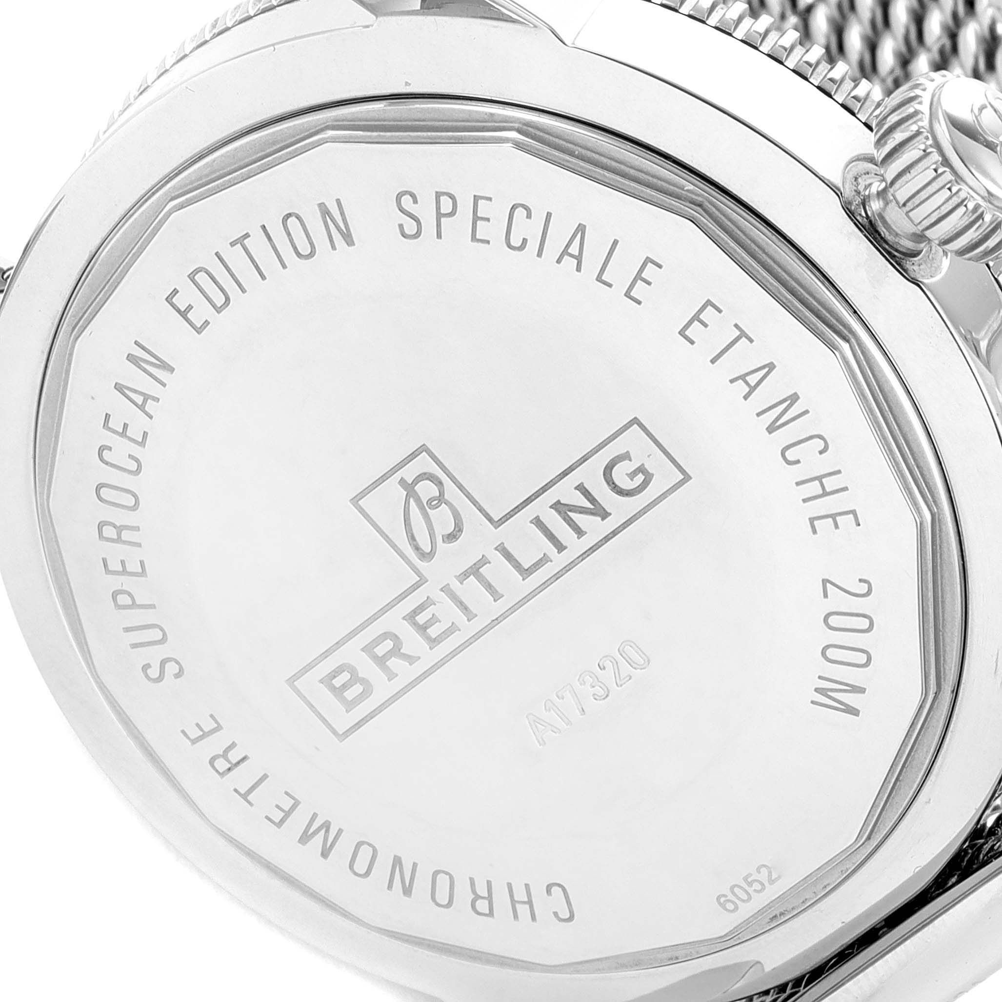 The image shows a close-up of the case back of a Breitling Superocean A17320 Men's Stainless Steel Black Dial A17320 Men's Stainless Steel Black Dial watch, including the brand engraving and model details.