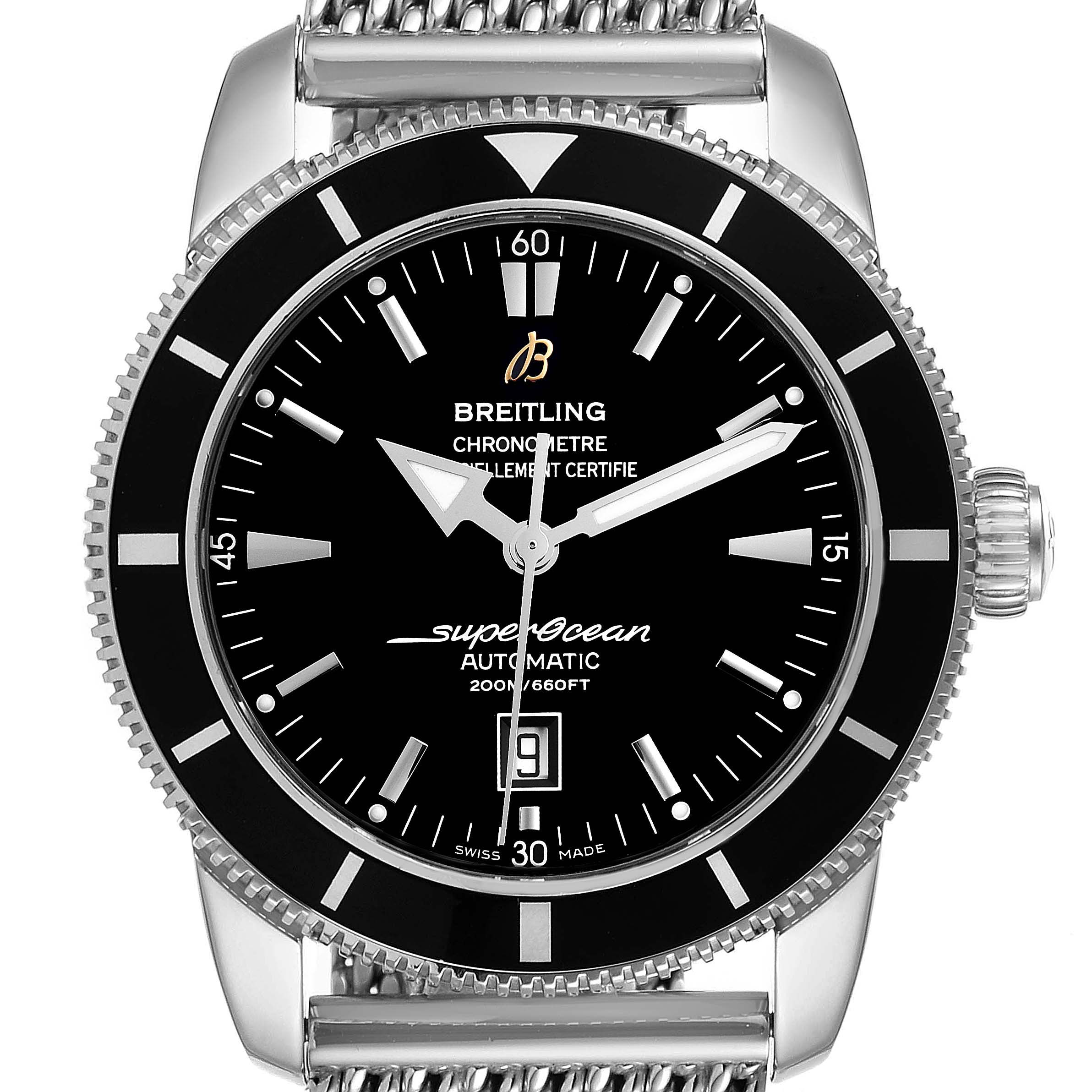 The image shows a front view of the Breitling Superocean A17320 Men's Stainless Steel Black Dial A17320 Men's Stainless Steel Black Dial watch, displaying the dial, date, bezel, and part of the bracelet.