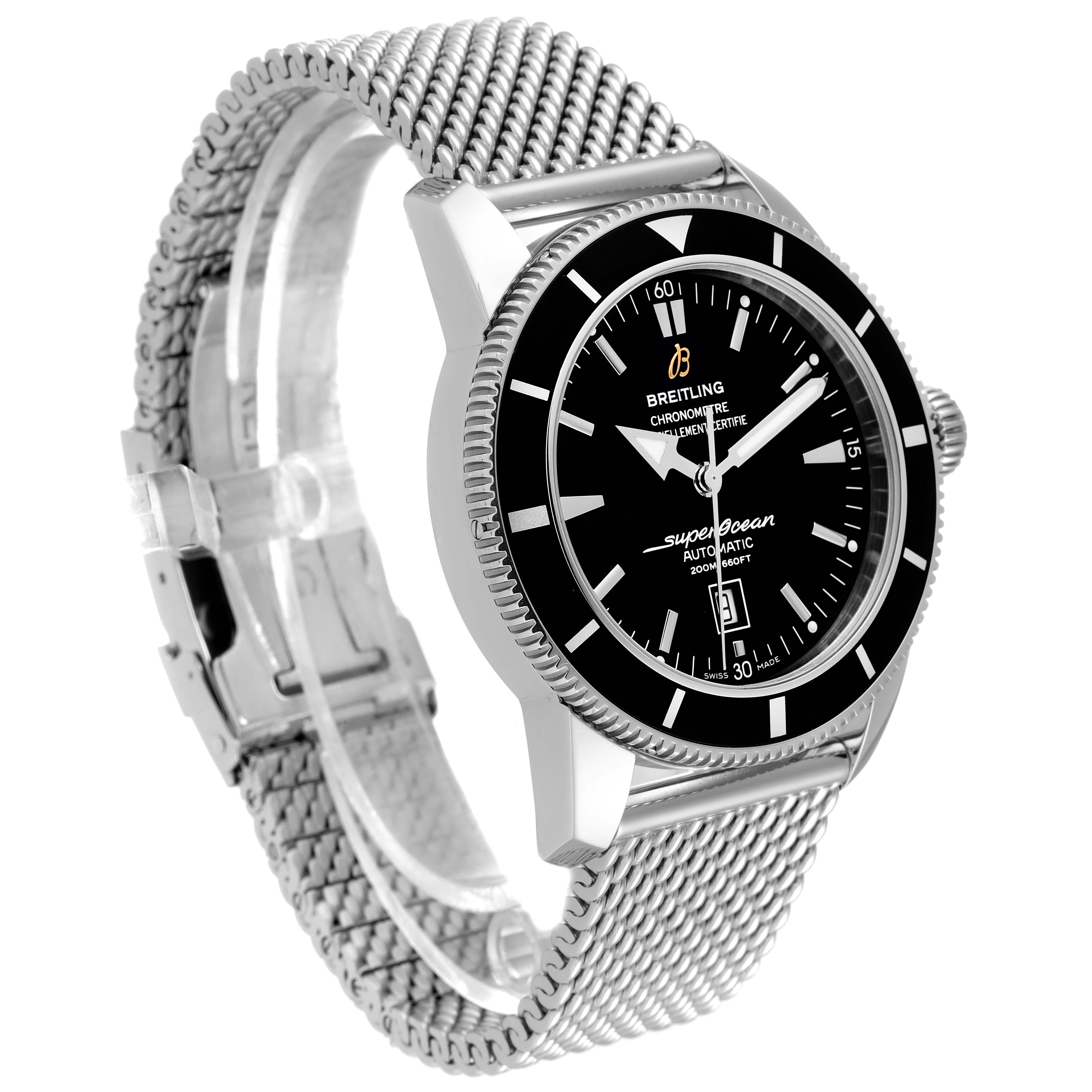 The image shows a side view of the Breitling Superocean A17320 Men's Stainless Steel Black Dial A17320 Men's Stainless Steel Black Dial watch, highlighting its mesh bracelet and black dial with markers.