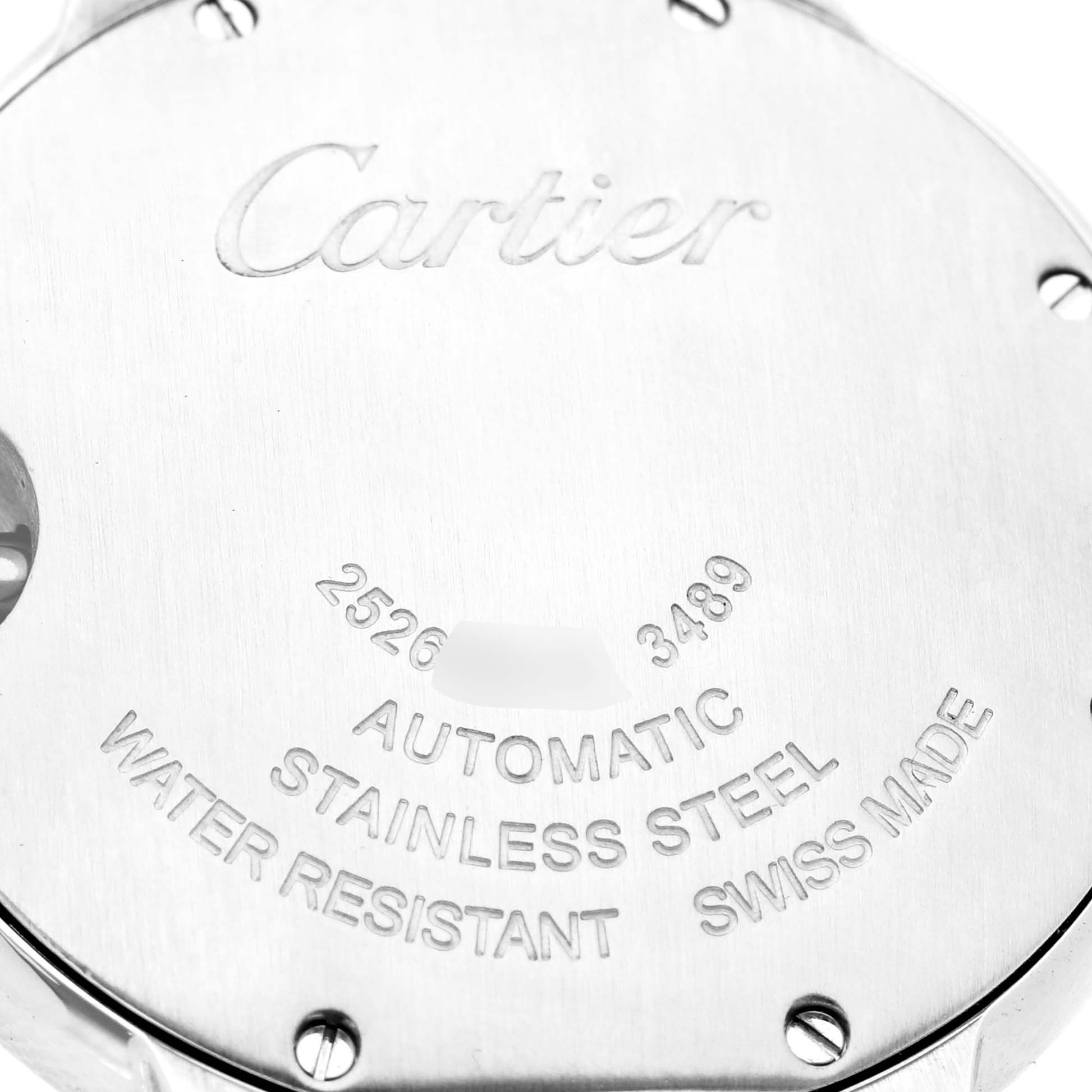 The image shows the back case of a Cartier Ballon Bleu WE902053 Women's Steel and Gold (two tone) Pink Dial watch, featuring engraved details about the watch's make and model.