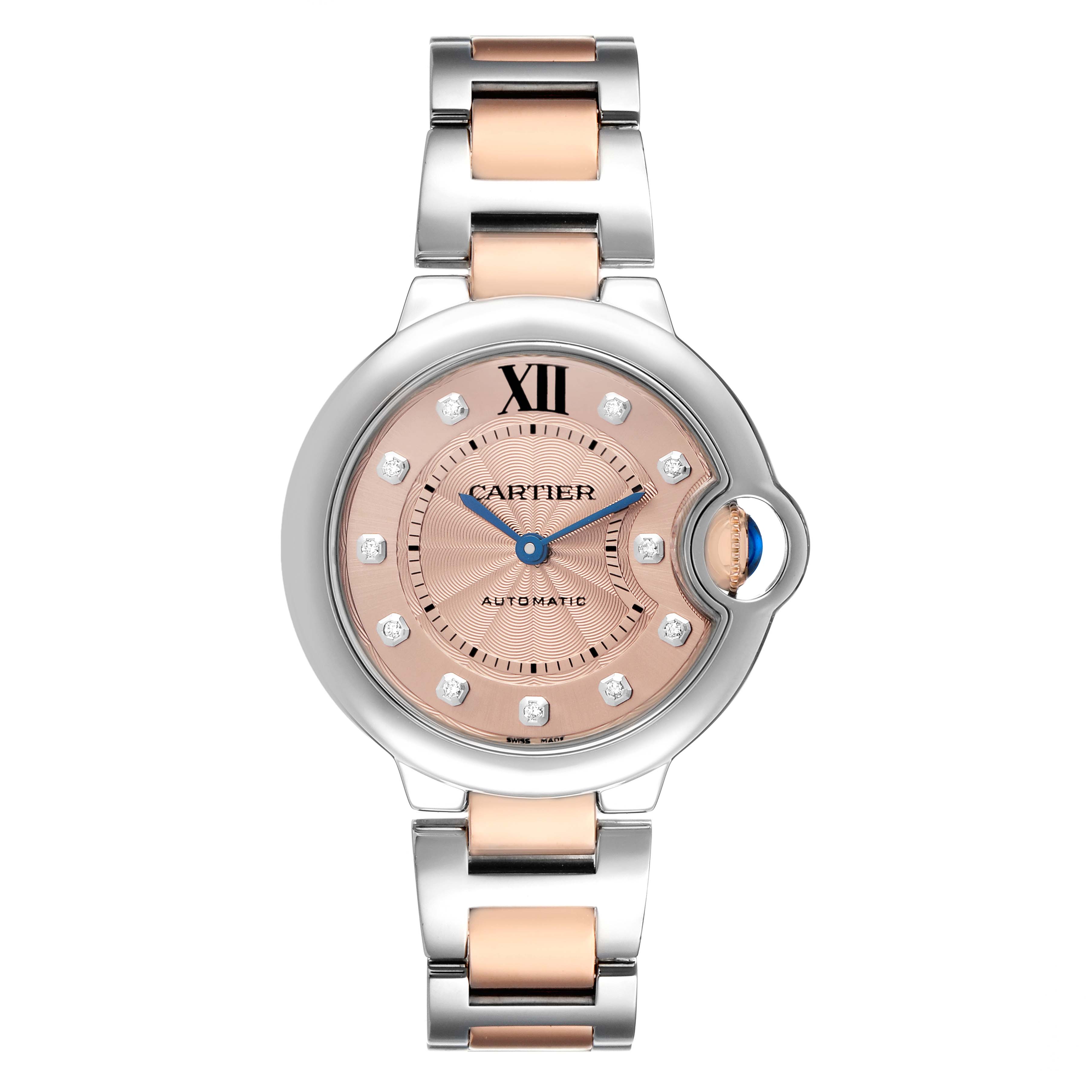 The Cartier Ballon Bleu WE902053 Women's Steel and Gold (two tone) Pink Dial watch is shown from the front, highlighting its dial, bezel, and bracelet.