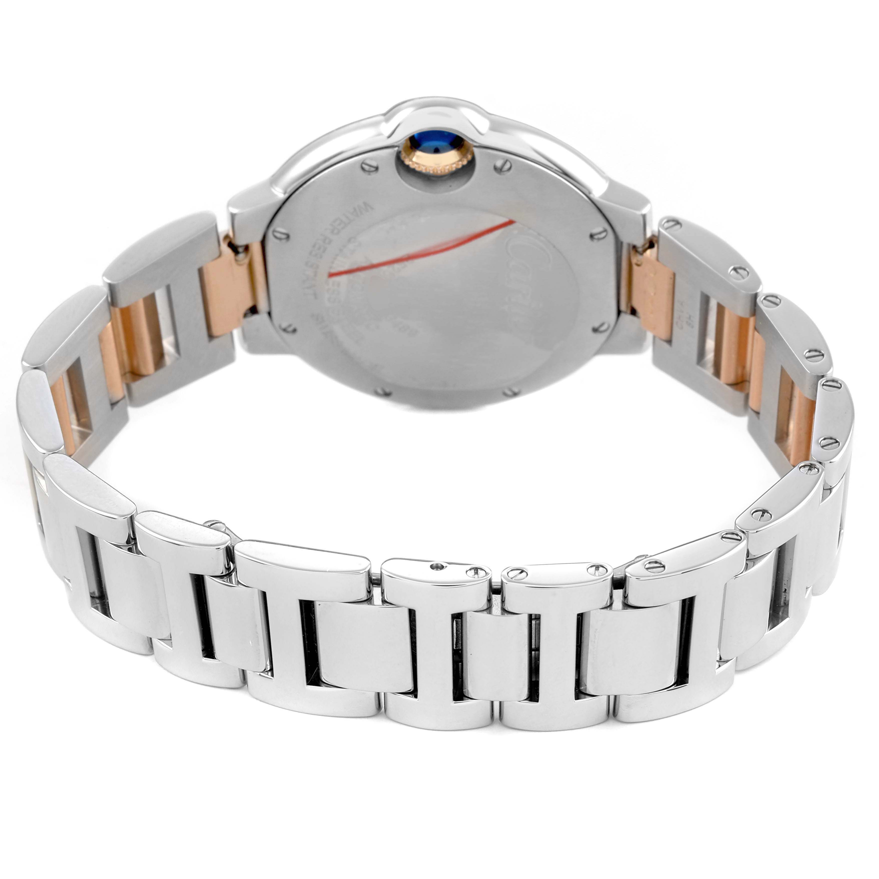 The image shows the back view of a Cartier Ballon Bleu WE902053 Women's Steel and Gold (two tone) Pink Dial watch, highlighting its bracelet and clasp details.