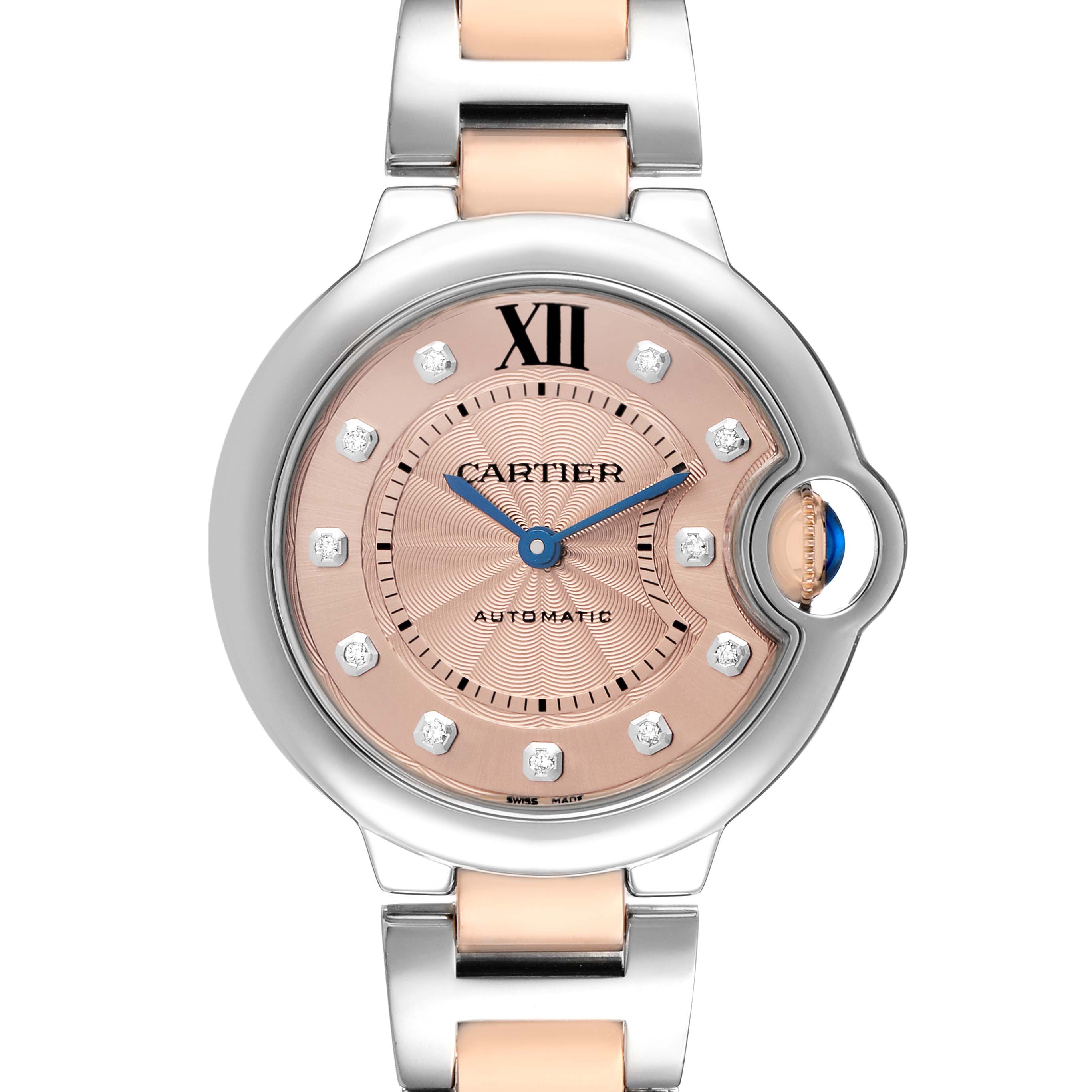 This Cartier Ballon Bleu WE902053 Women's Steel and Gold (two tone) Pink Dial watch is shown from a top-down angle, highlighting its round face, Roman numeral, diamond markers, and two-tone bracelet.
