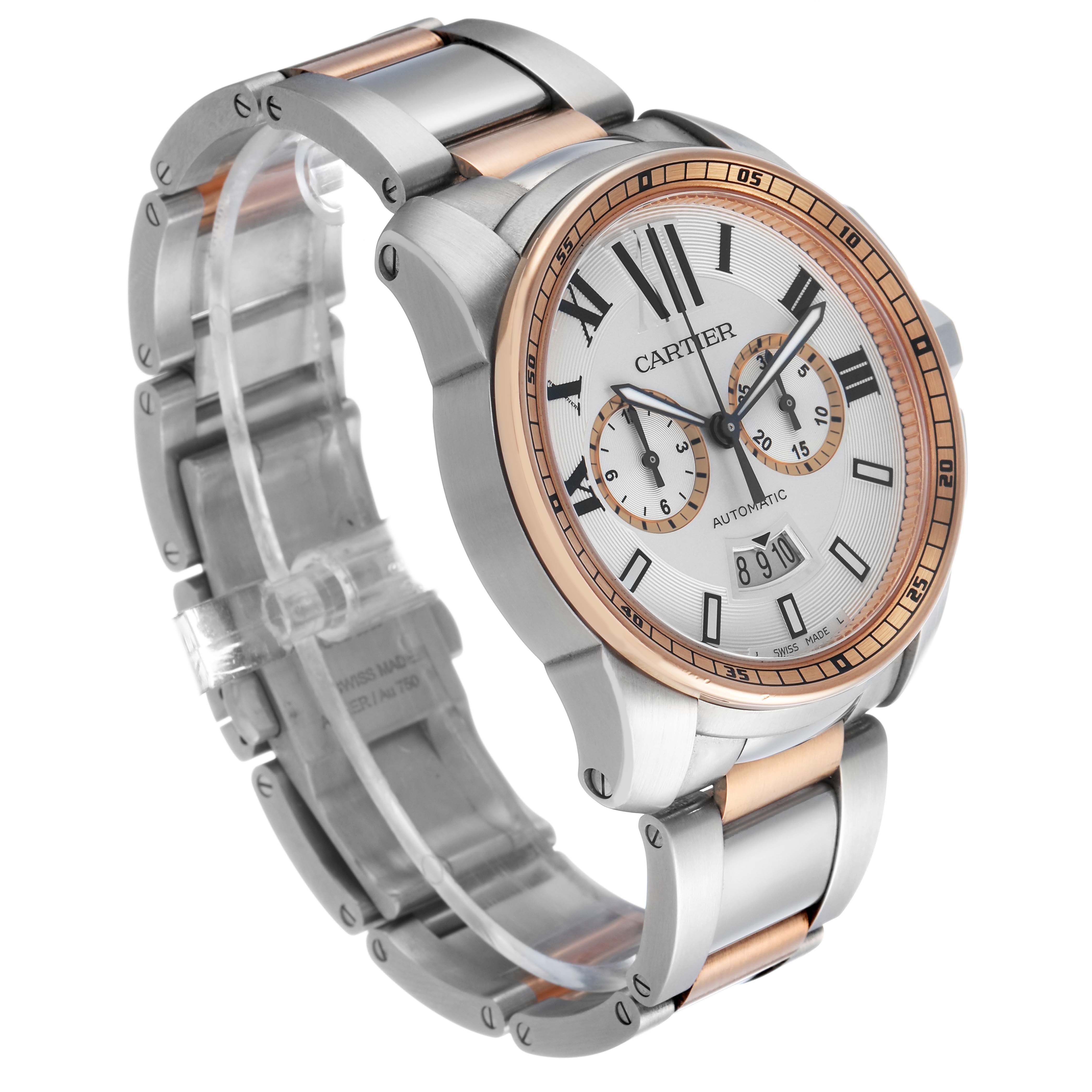 The image shows a Calibre de Cartier watch at a three-quarter angle, highlighting the face, bezel, and bracelet with rose gold accents.