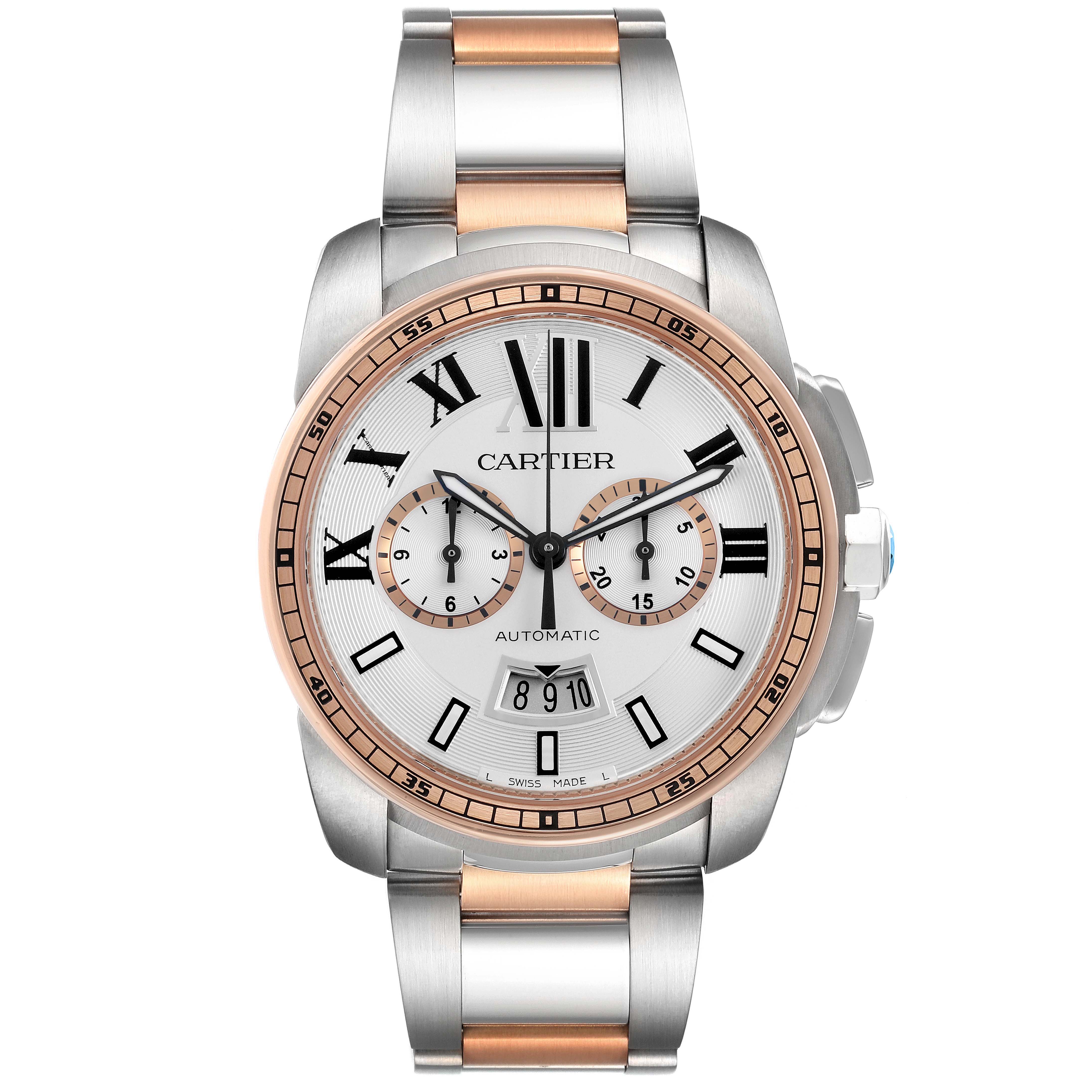 The Cartier Calibre de Cartier W7100042 Men's Stainless Steel Silver Dial watch is shown from a front view, featuring its dial, bezel, crown, and two-tone bracelet.