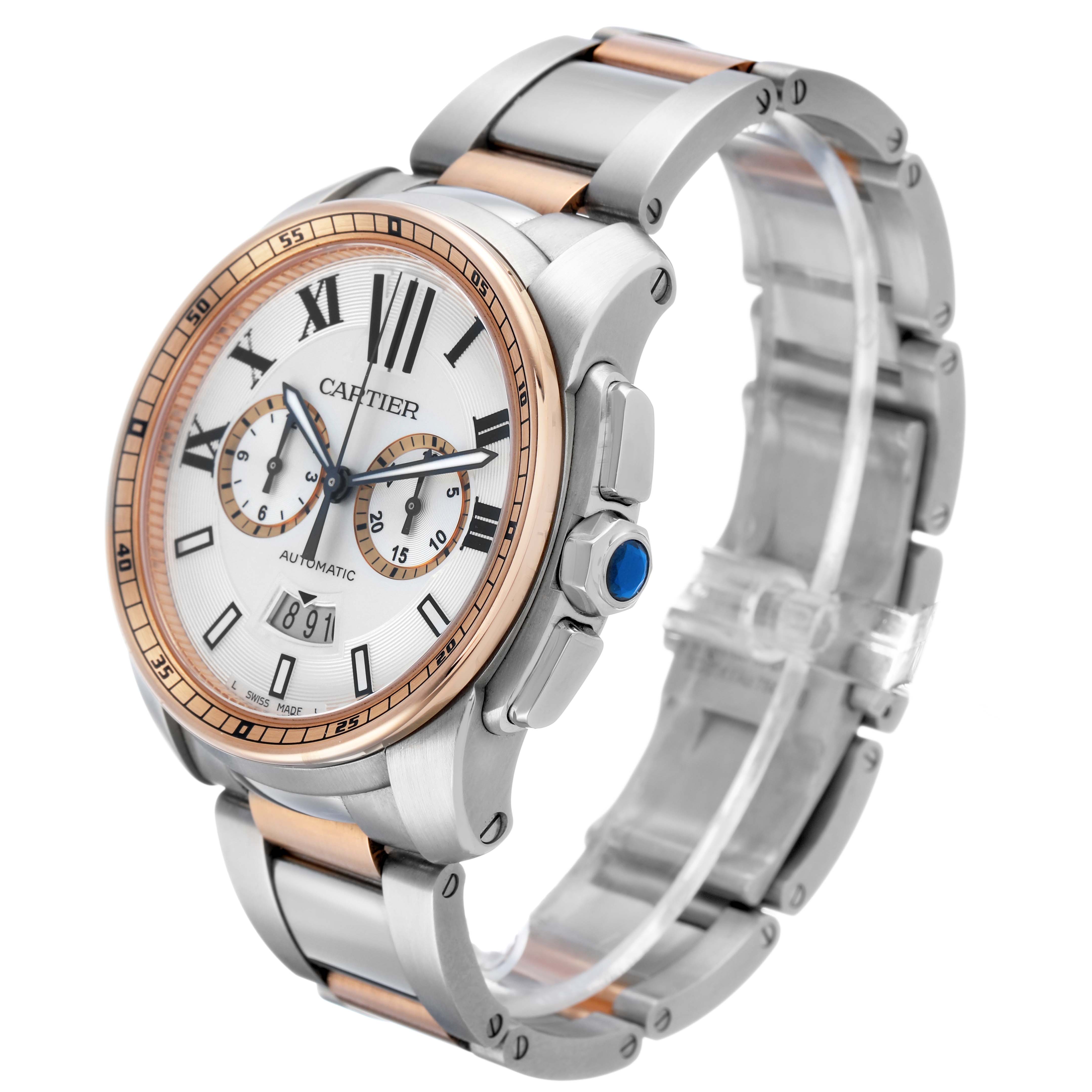 The Calibre de Cartier watch is shown at a three-quarter angle, displaying the face, bezel, crown, and bracelet.