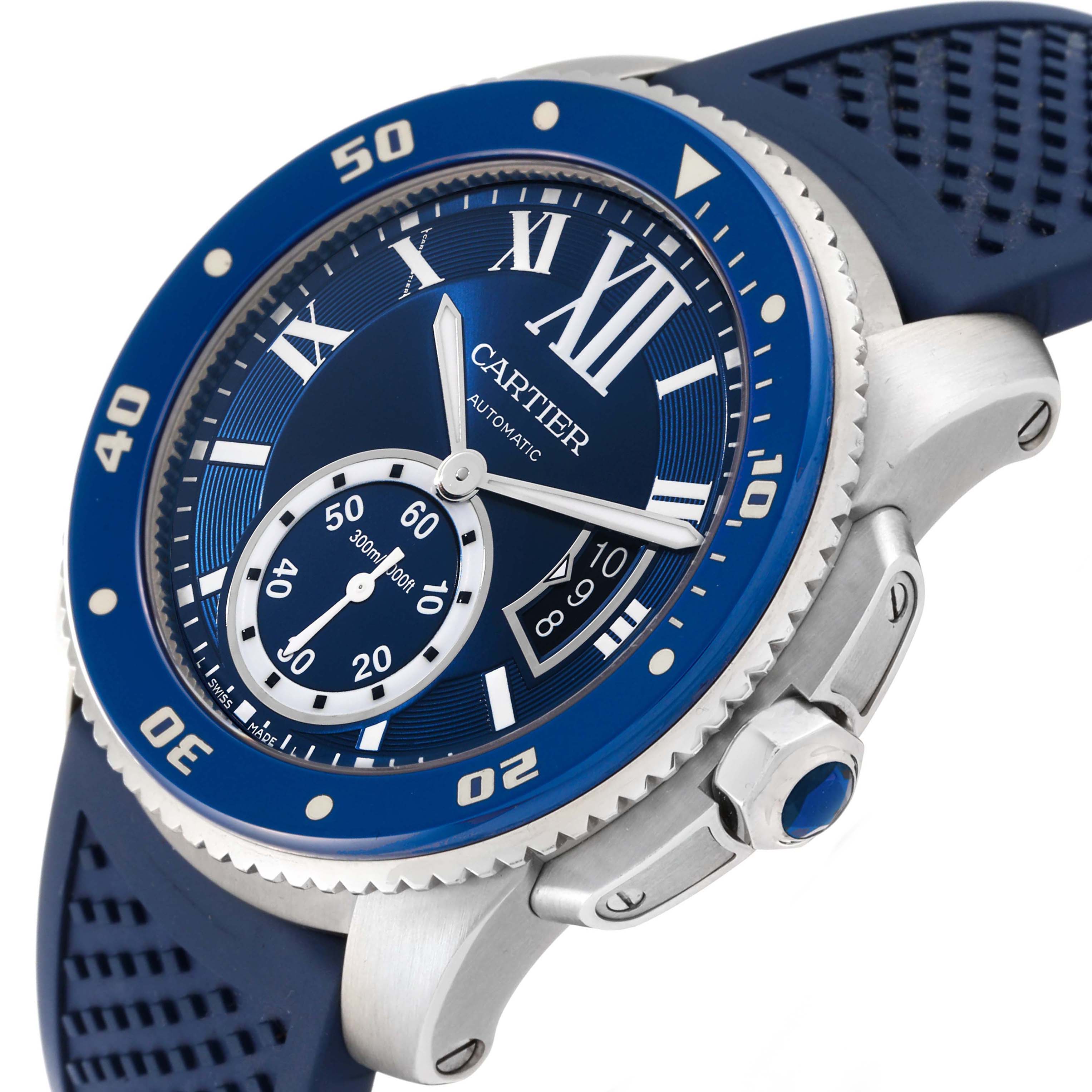 The Calibre de Cartier watch by Cartier is displayed at a slight angle, showing the watch face, bezel, strap, and crown.