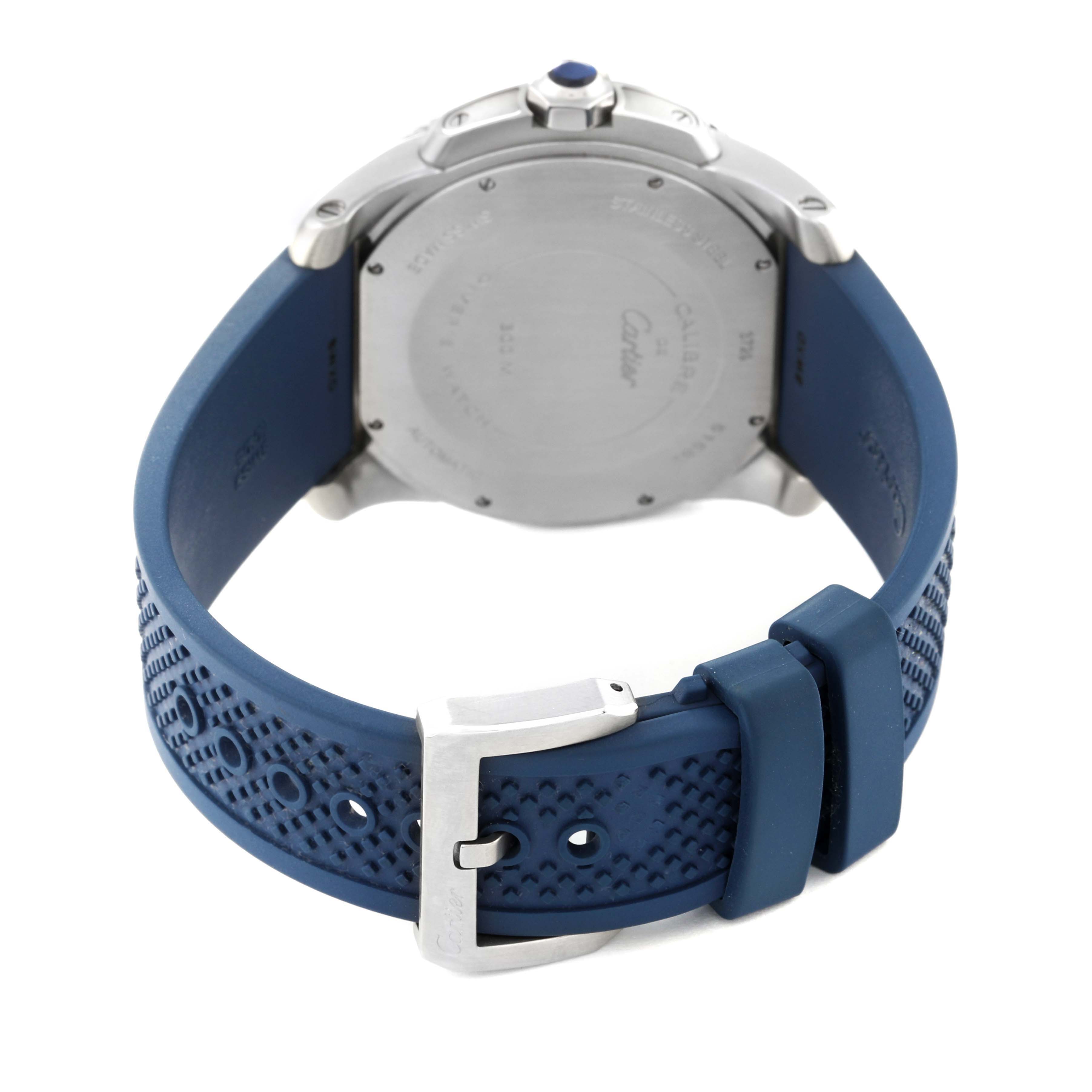 The image shows the back view of a Calibre de Cartier watch by Cartier, highlighting the caseback, strap, and buckle.