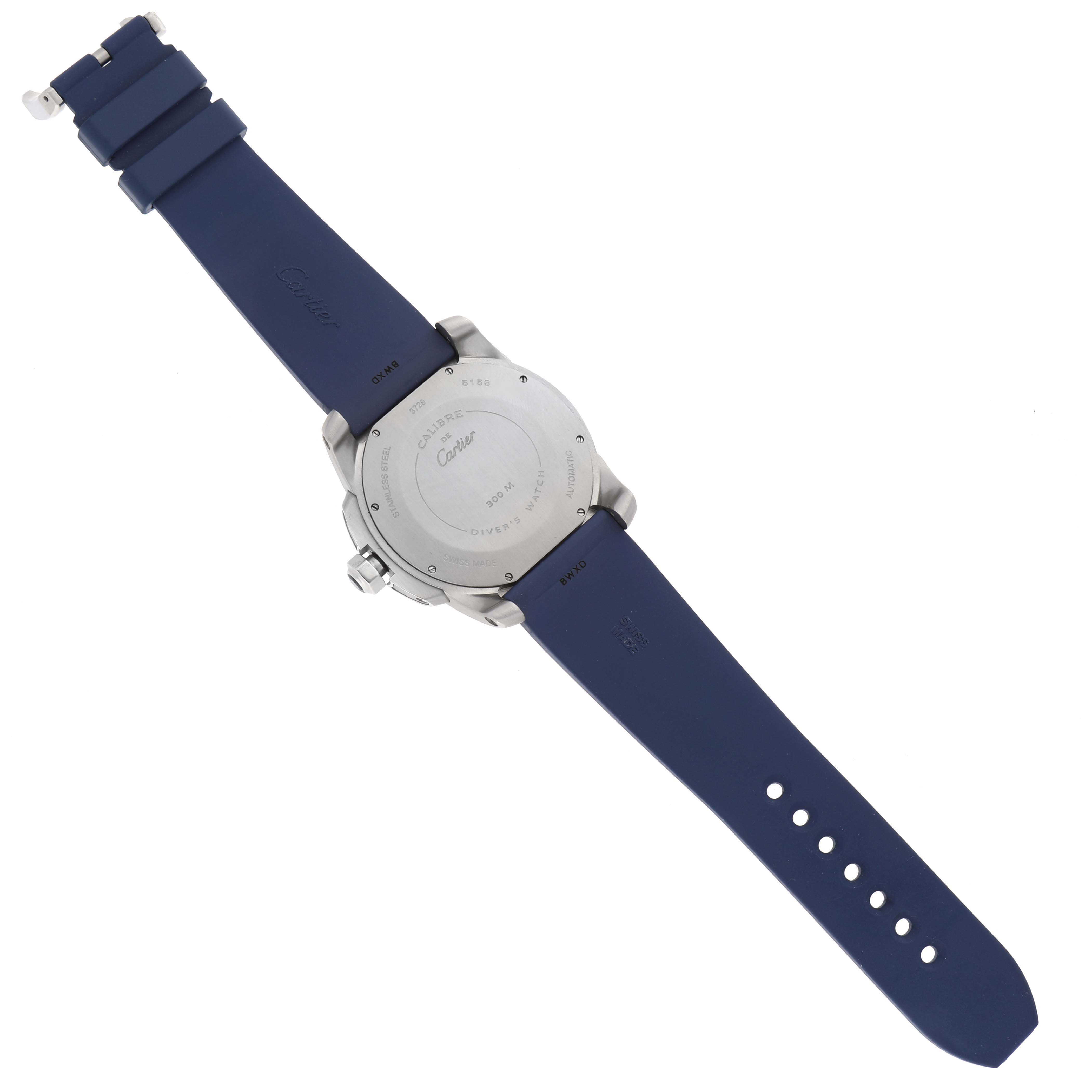 The image shows the back and strap of a Calibre de Cartier model by Cartier, taken from a top-down angle.