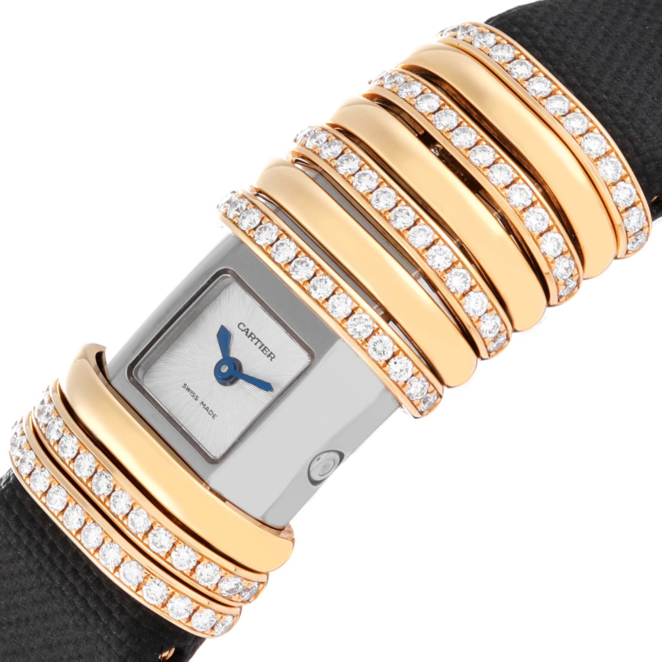 The image shows the face and side profile of the Cartier Declaration WT000150 Women's Titanium Silver Dial WT000150 Women's Titanium Silver Dial model watch, featuring its jeweled band and rectangular dial.