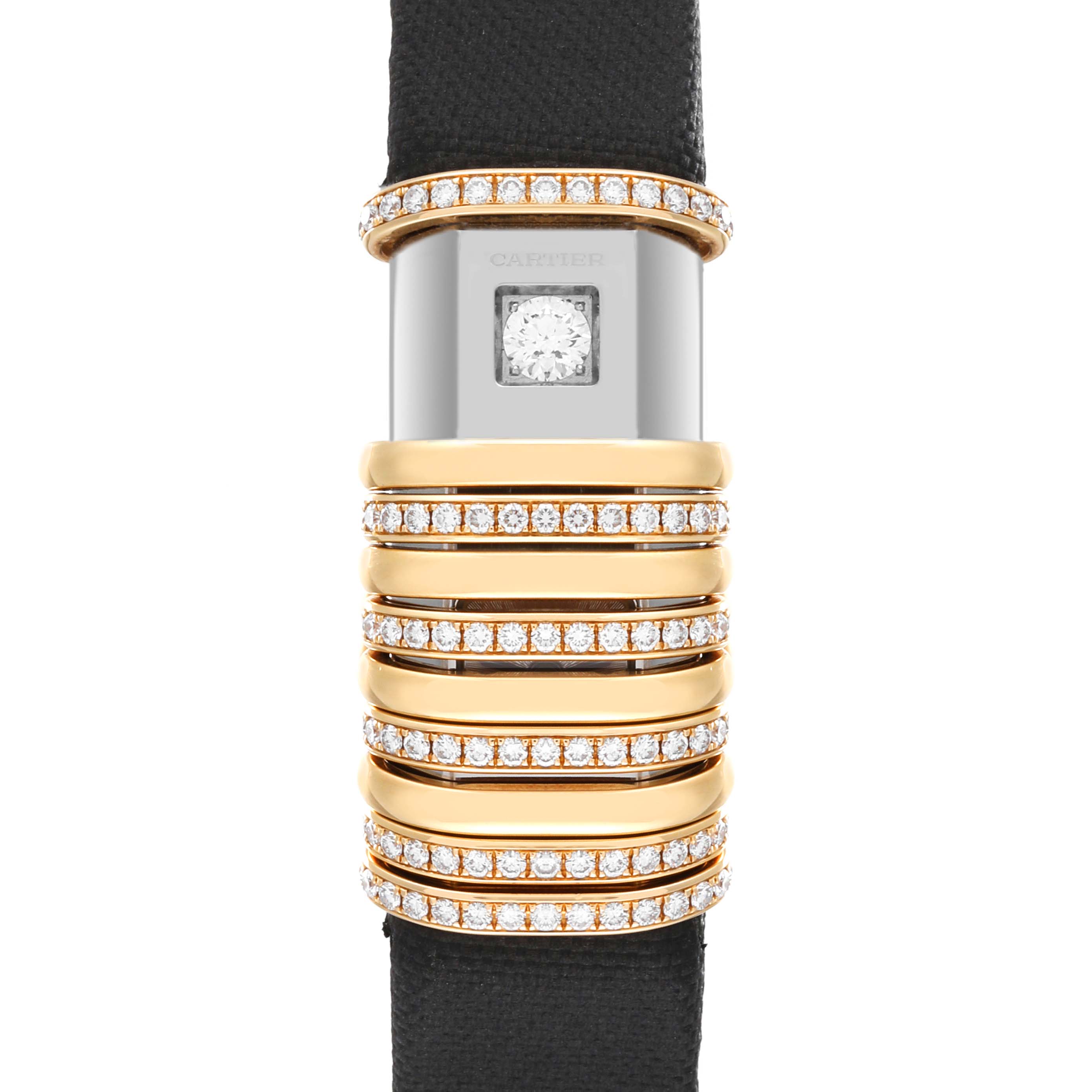 This image shows a close-up of the Cartier Declaration WT000150 Women's Titanium Silver Dial WT000150 Women's Titanium Silver Dial model watch, focusing on the face and diamond-adorned bezel and band.