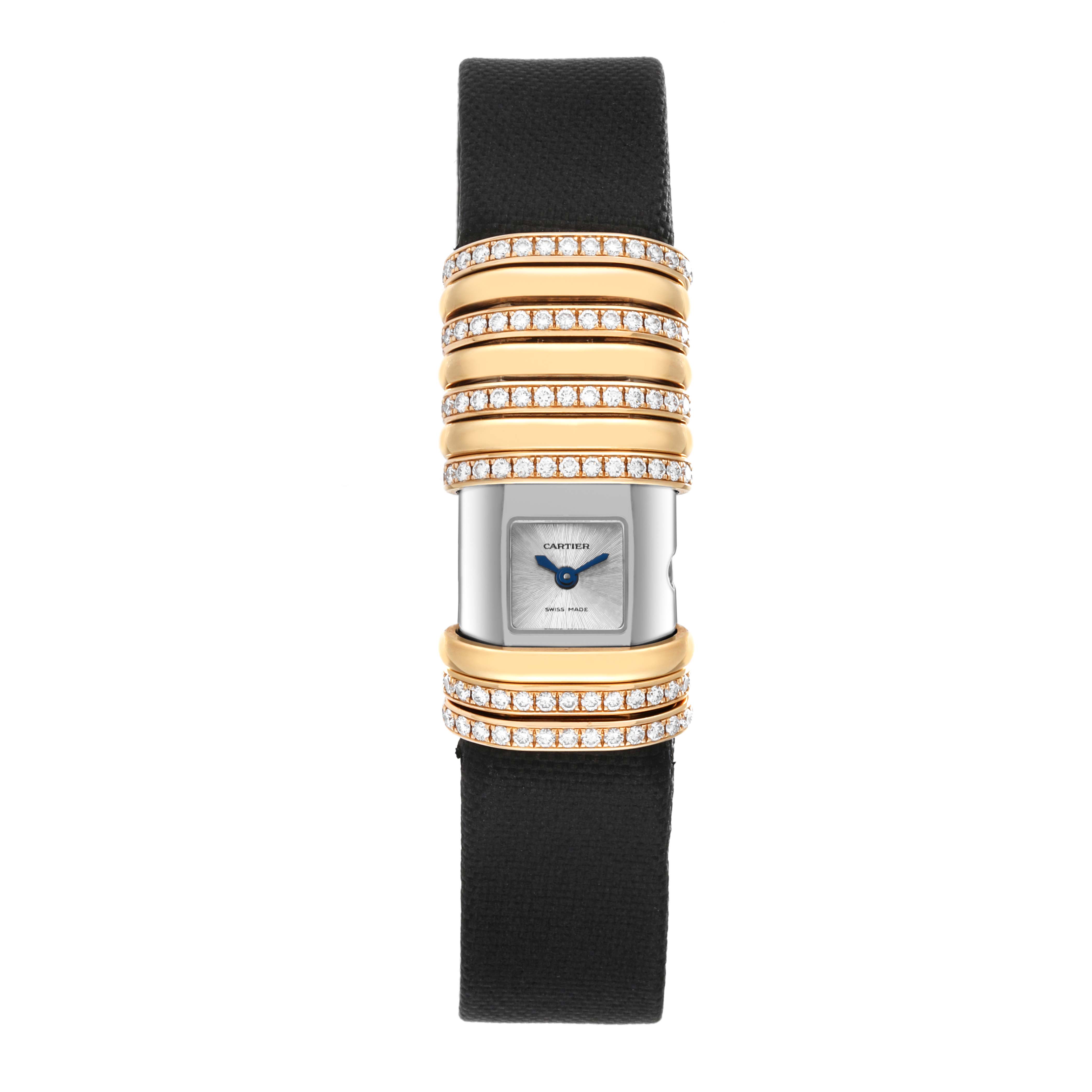 This image shows a Cartier Declaration WT000150 Women's Titanium Silver Dial WT000150 Women's Titanium Silver Dial model watch from a top-down angle, highlighting its diamond-studded bezel and black strap.