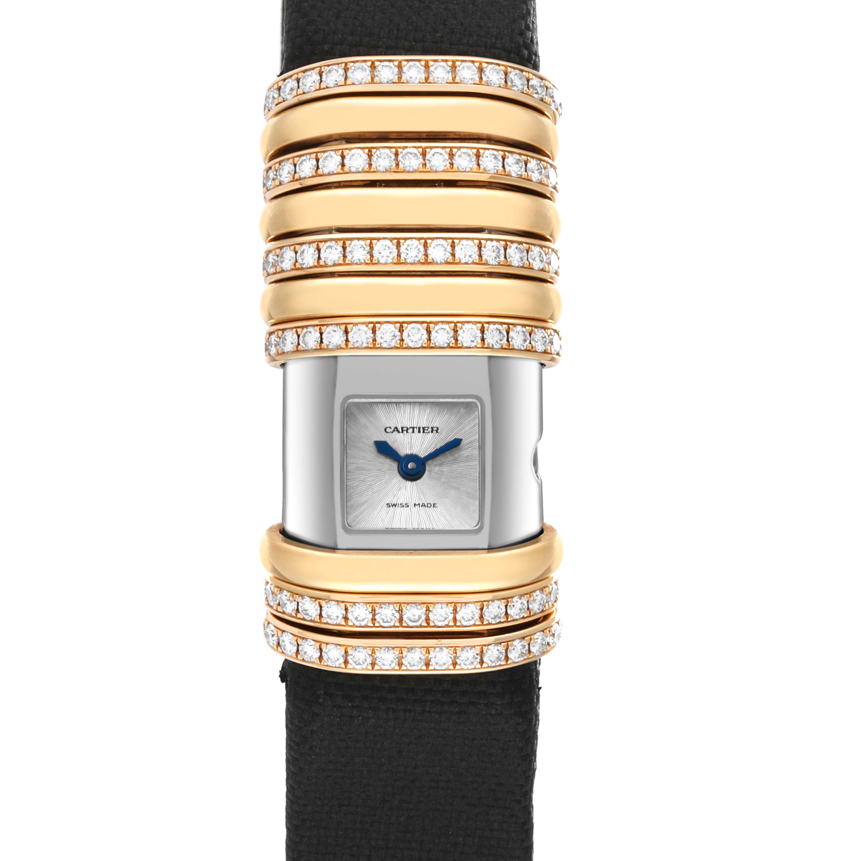 This image shows a close-up of a Cartier Declaration WT000150 Women's Titanium Silver Dial WT000150 Women's Titanium Silver Dial watch, highlighting the face, bezeled frame with diamonds, and black strap.