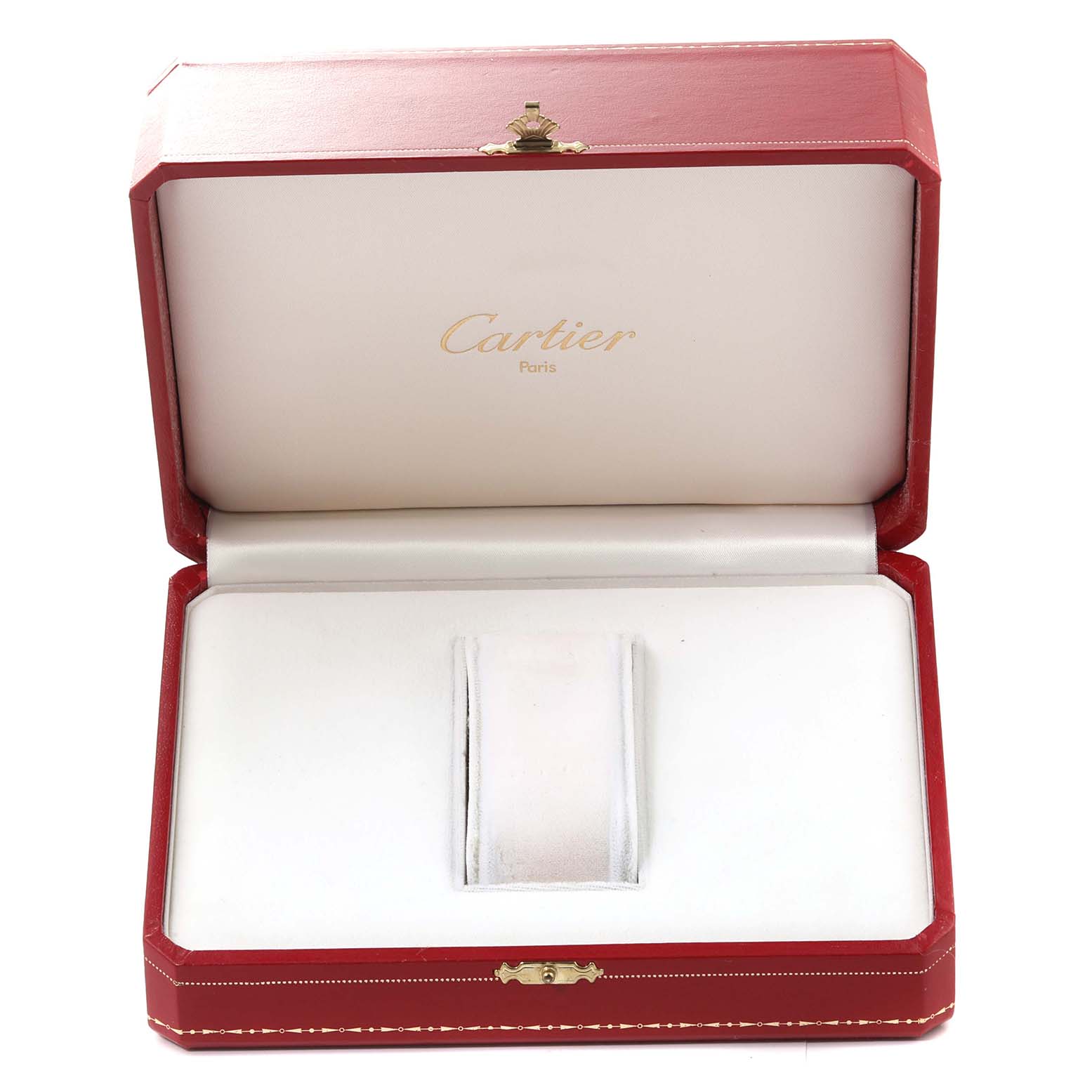 The image shows an open display box for the Declaration model by Cartier, showcasing the interior pillow and gold clasp.