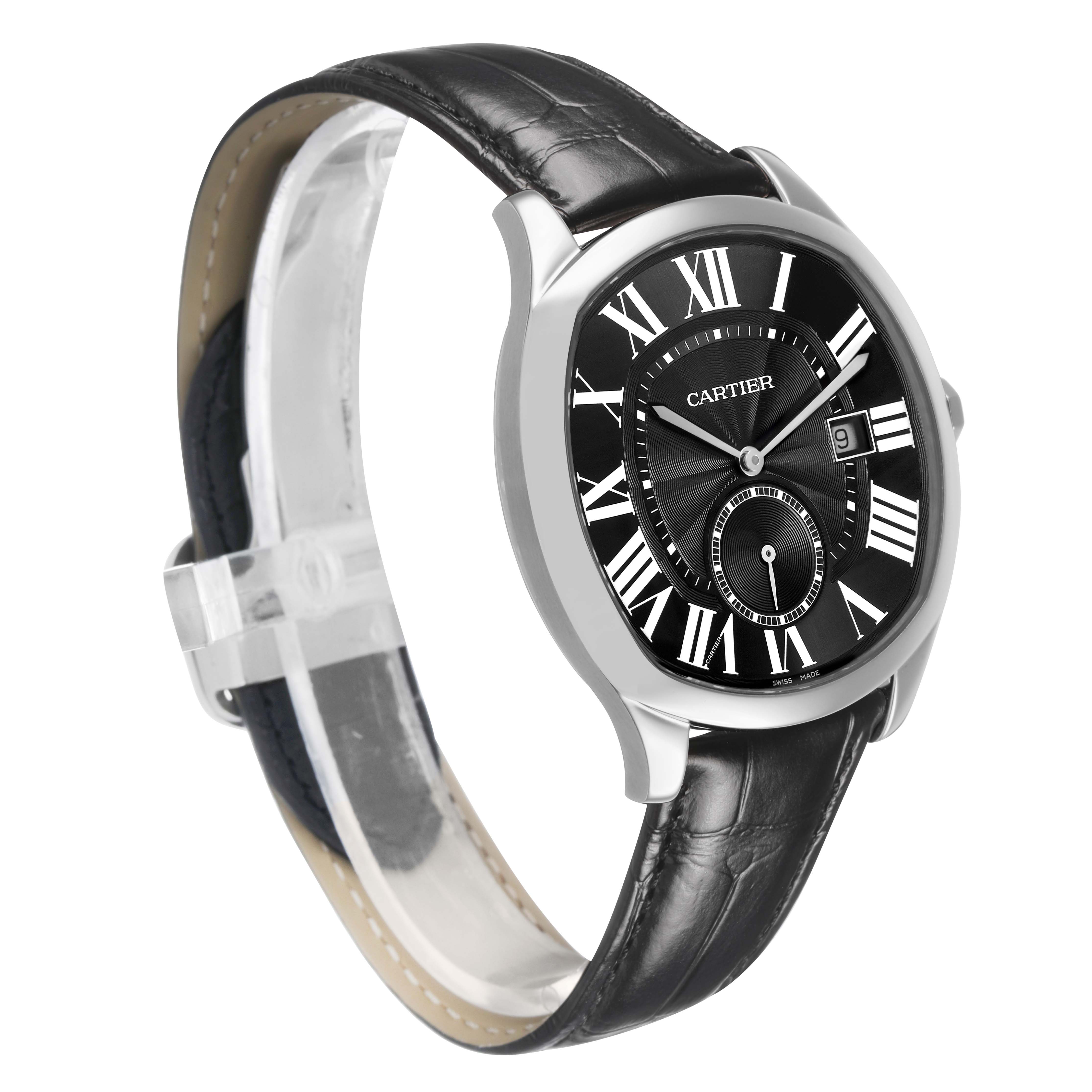 The Drive de Cartier watch is shown at a slight side angle, highlighting its black leather strap and round dial with Roman numerals.