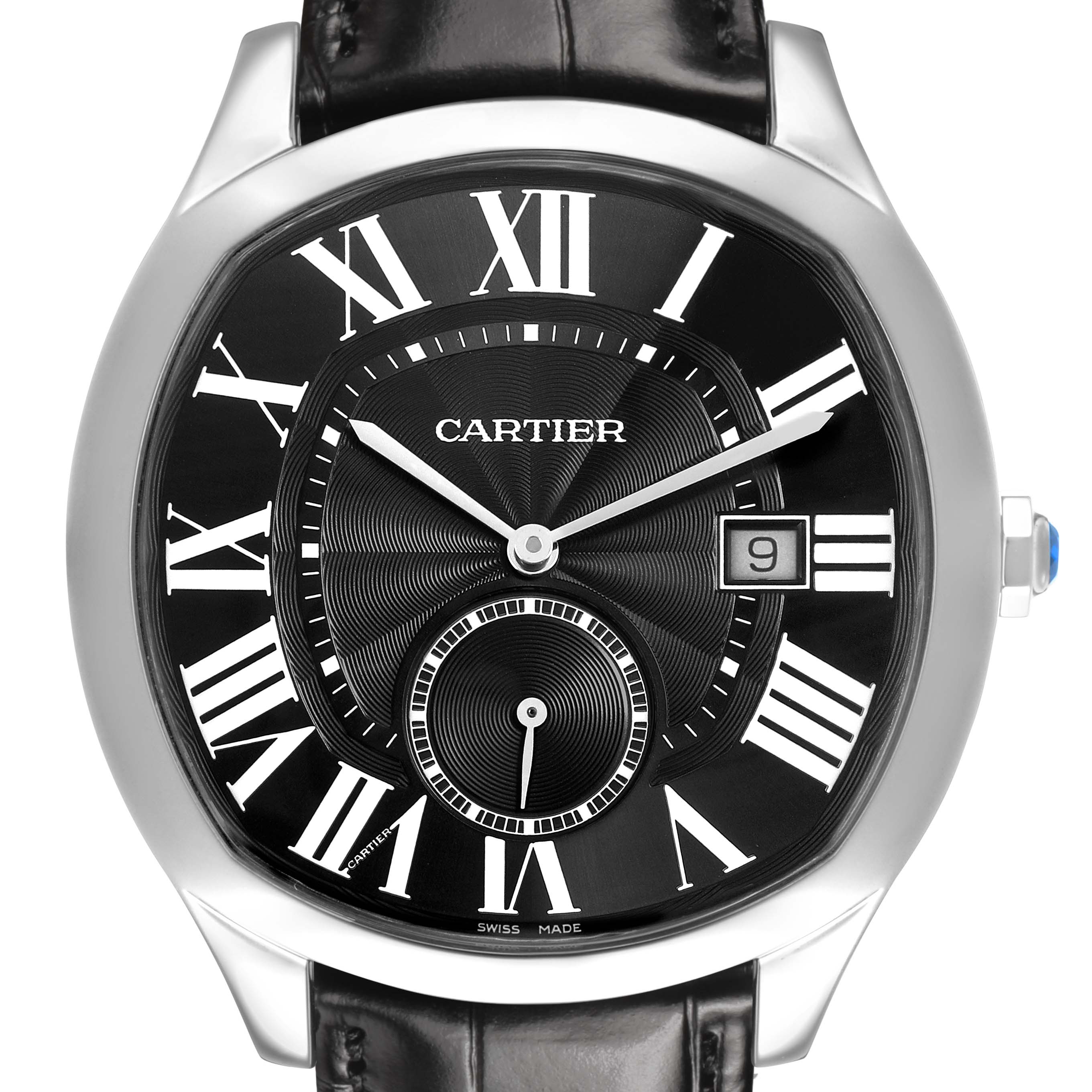 The Drive de Cartier watch is shown from the front, highlighting its black dial, Roman numerals, date function, and leather strap.