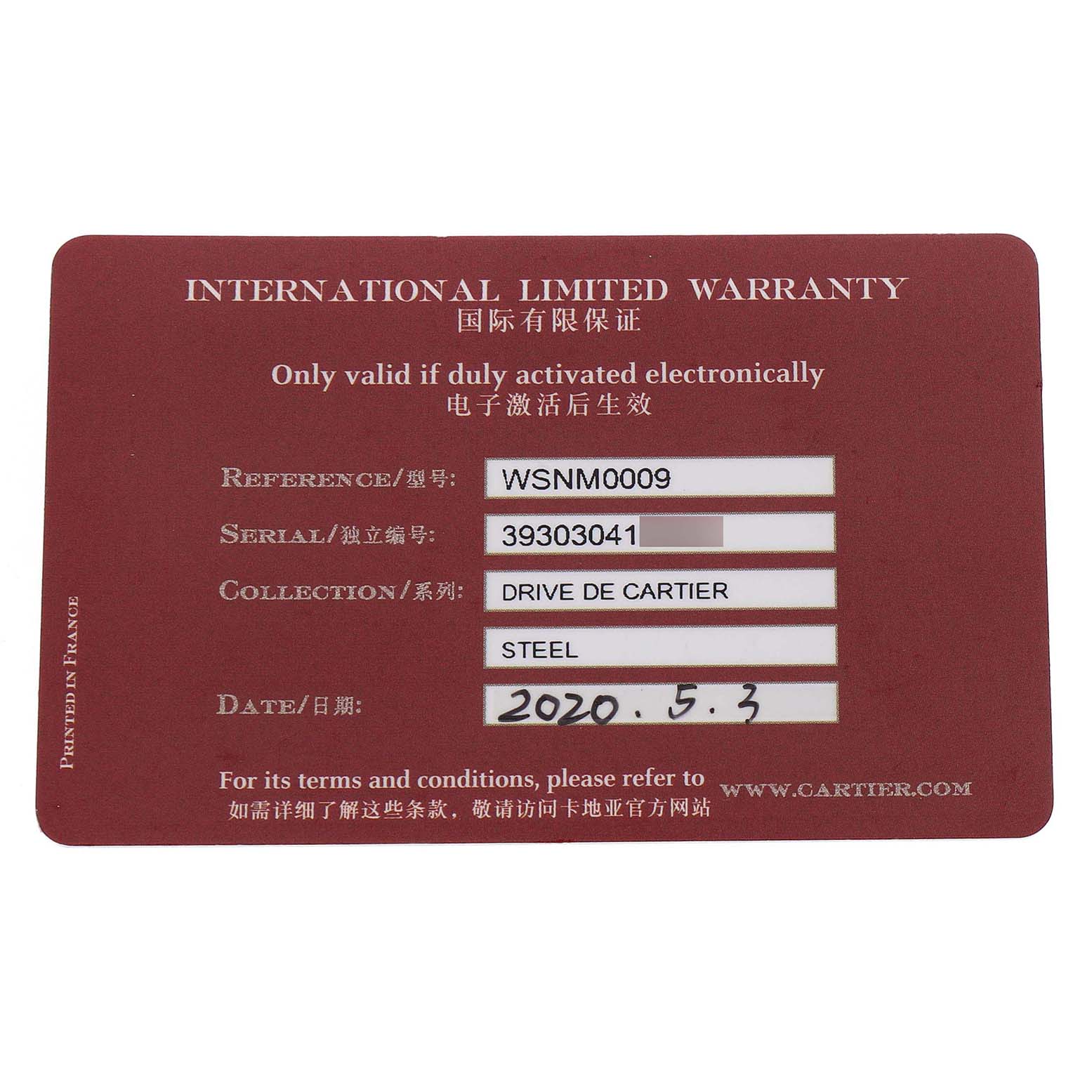 The image shows an International Limited Warranty card for the Drive de Cartier model by Cartier, featuring reference, serial number, and date.