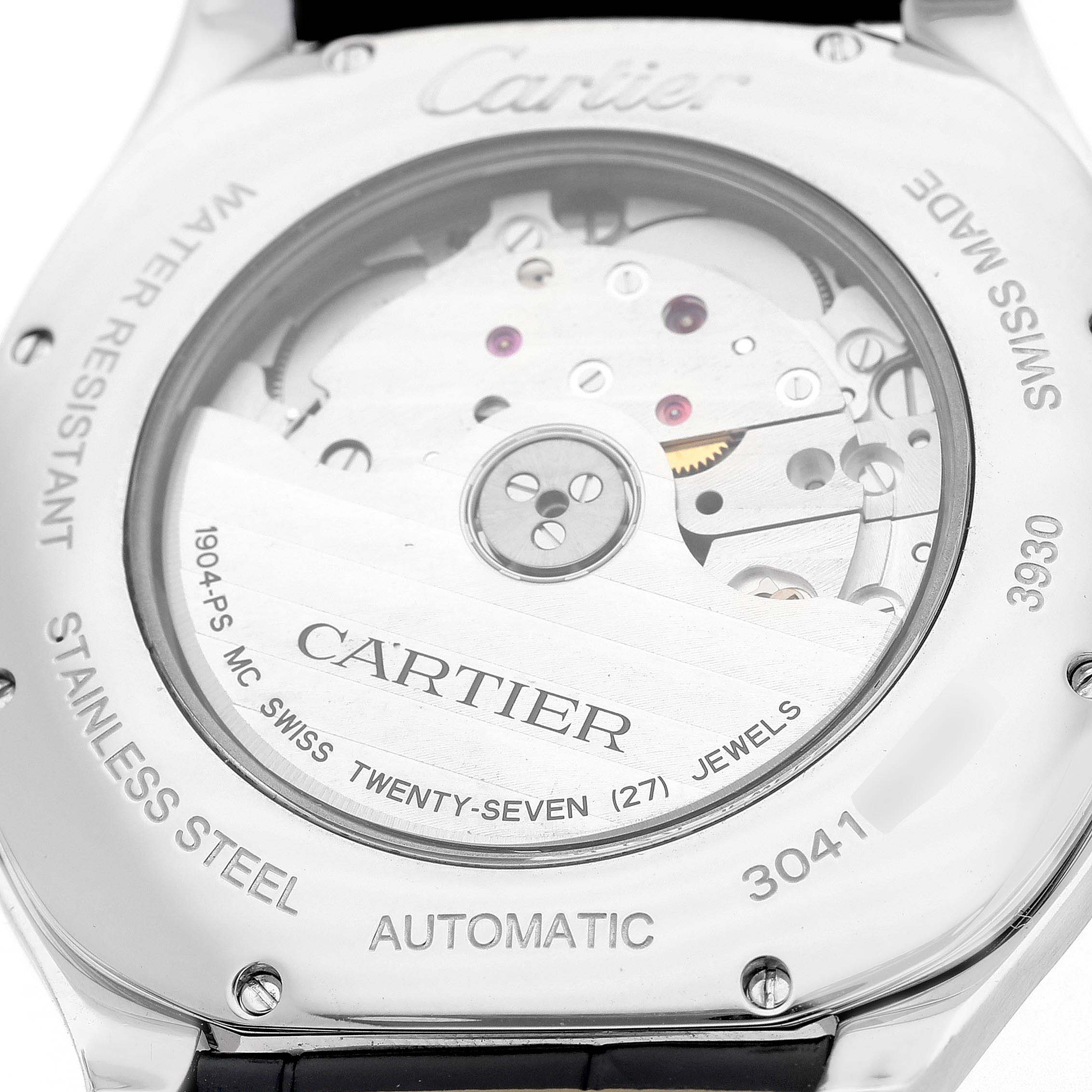The image shows the back of the Drive de Cartier watch by Cartier, highlighting the automatic movement and jewels.