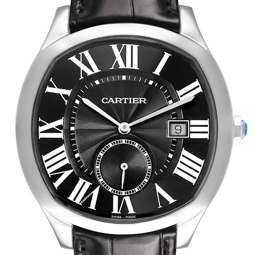 This Drive de Cartier watch is shown from a front angle, highlighting its black dial, Roman numerals, hands, and leather strap.