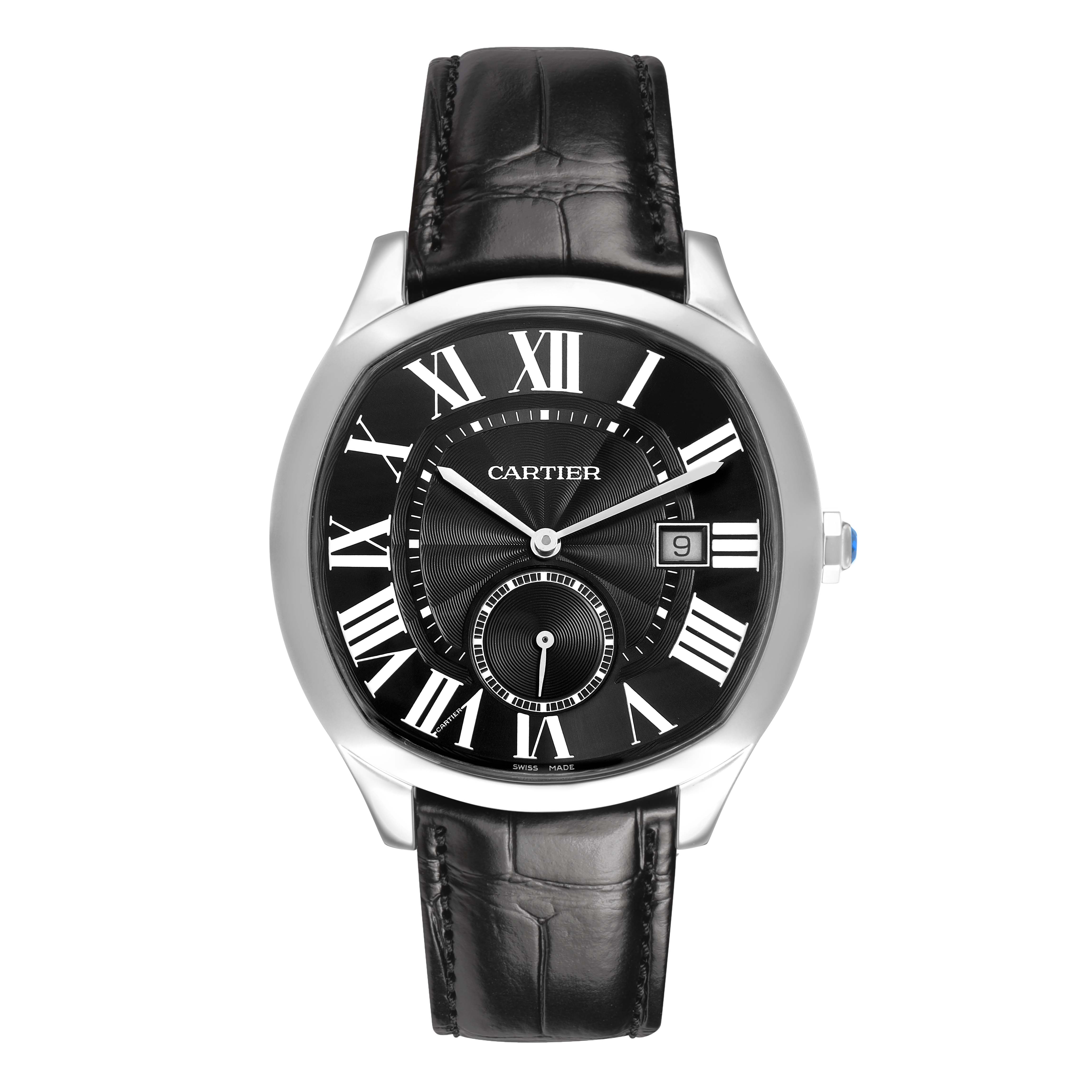 The Drive de Cartier watch is shown from the front, displaying the face, case, and leather strap.