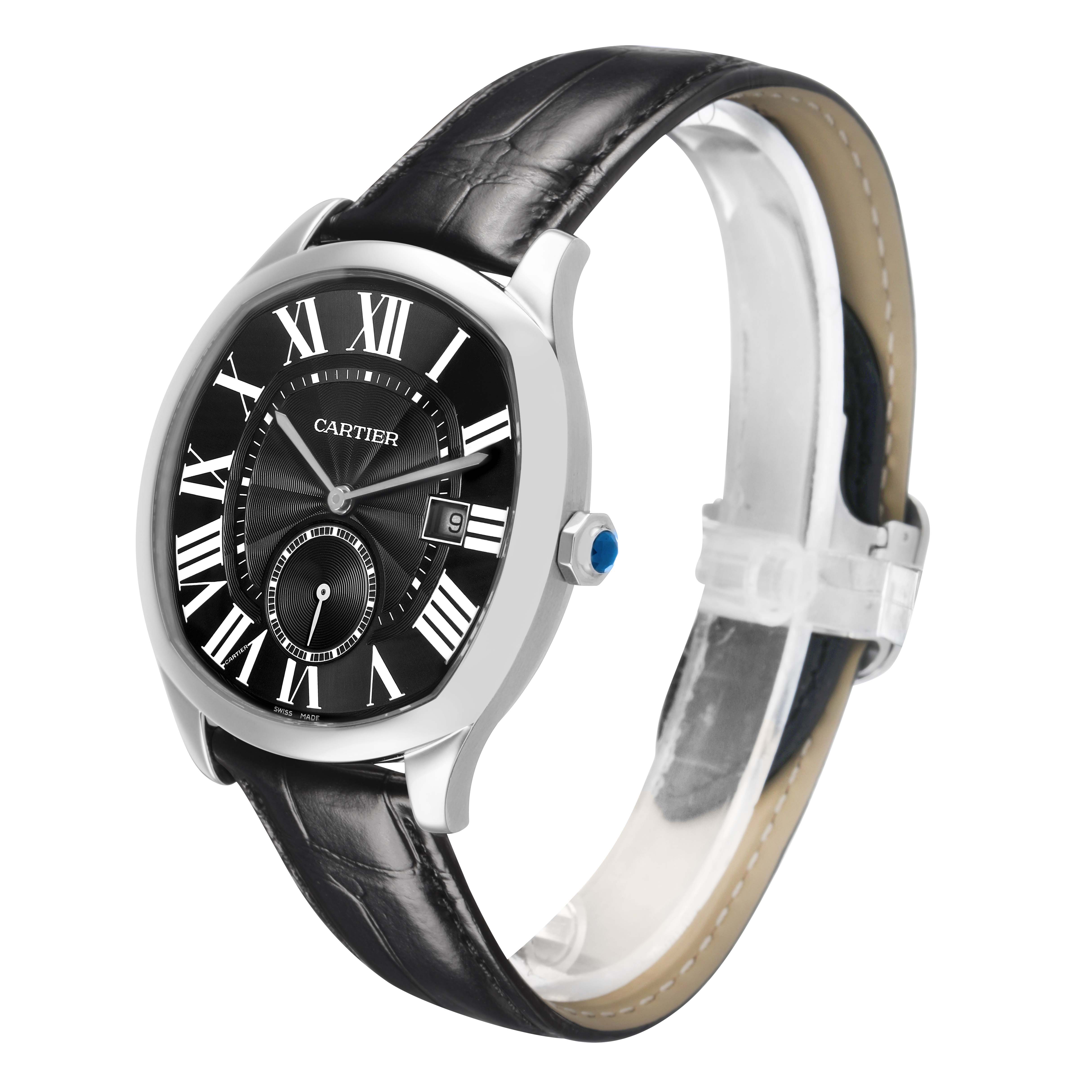 The Drive de Cartier watch is shown at a three-quarter angle highlighting the black dial, Roman numerals, and leather strap.