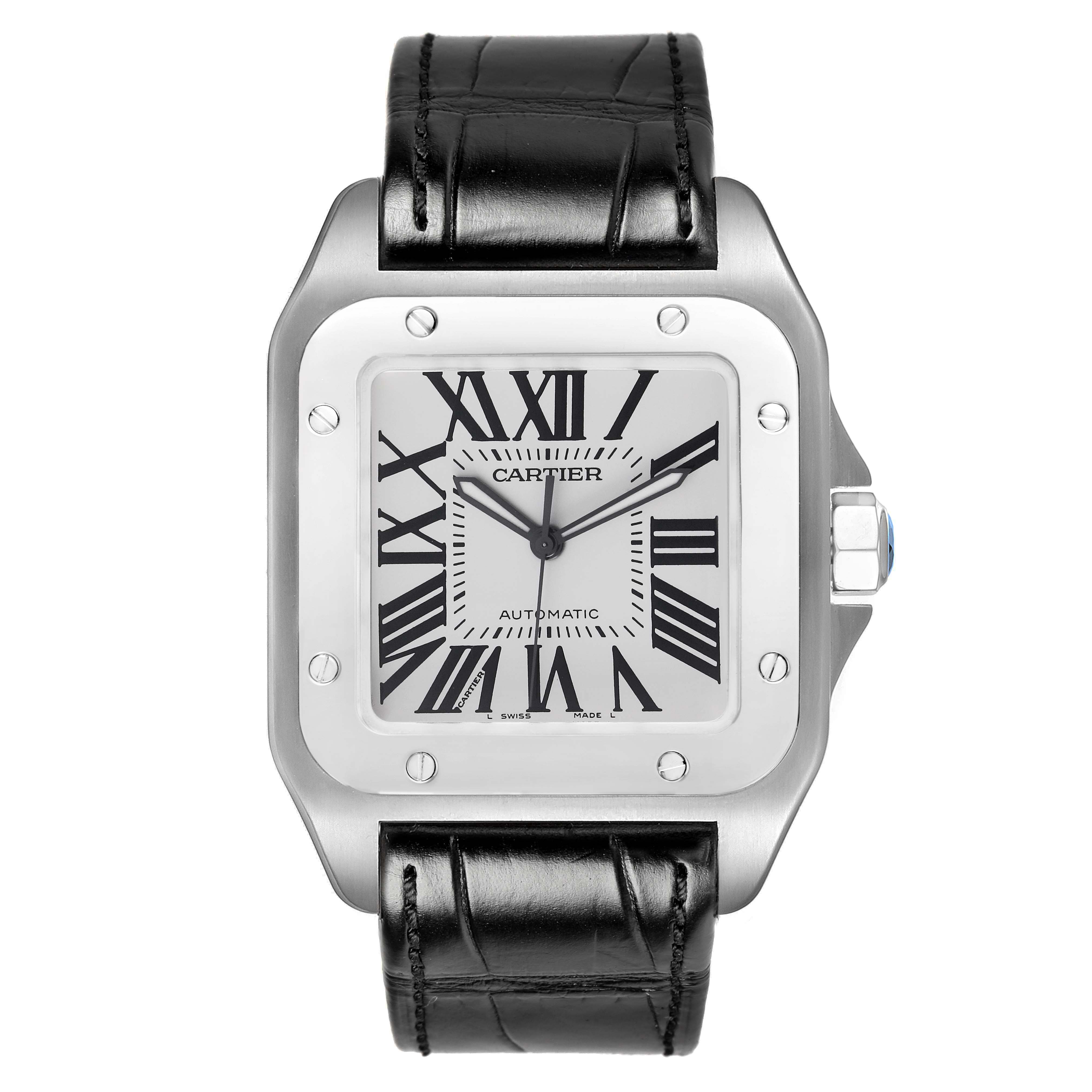 The Cartier Santos W20073X8 Men's Stainless Steel Silver Dial watch is shown from a front angle, highlighting the dial, bezel, and leather strap.