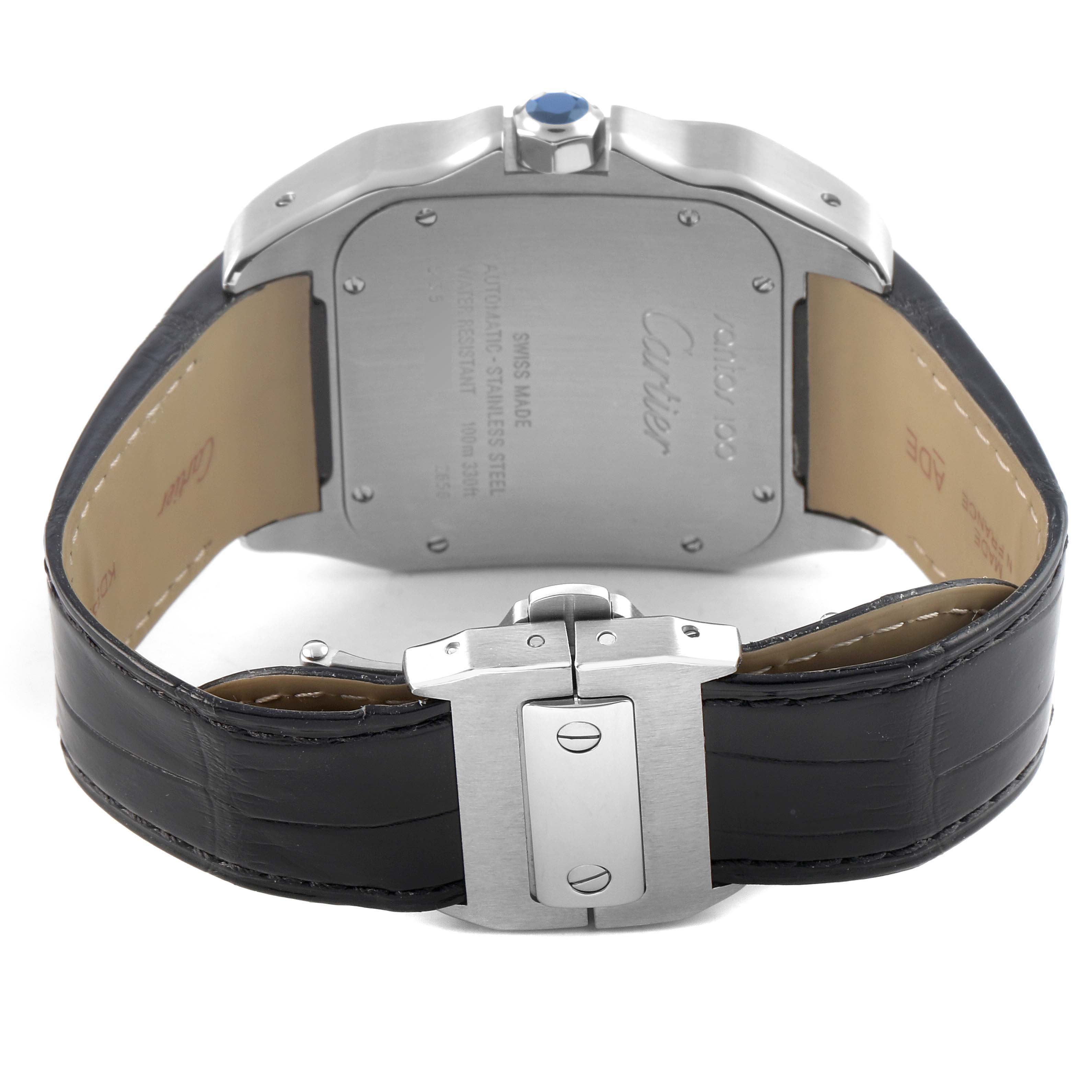 The image shows the back of the Cartier Santos W20073X8 Men's Stainless Steel Silver Dial watch, including the caseback, crown, and leather strap with a metal clasp.