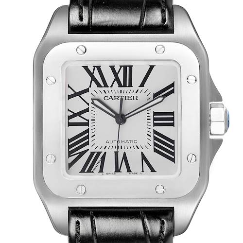 The image shows a front view of a Cartier Santos W20073X8 Men's Stainless Steel Silver Dial watch, highlighting the dial, bezel, crown, and part of the leather strap.