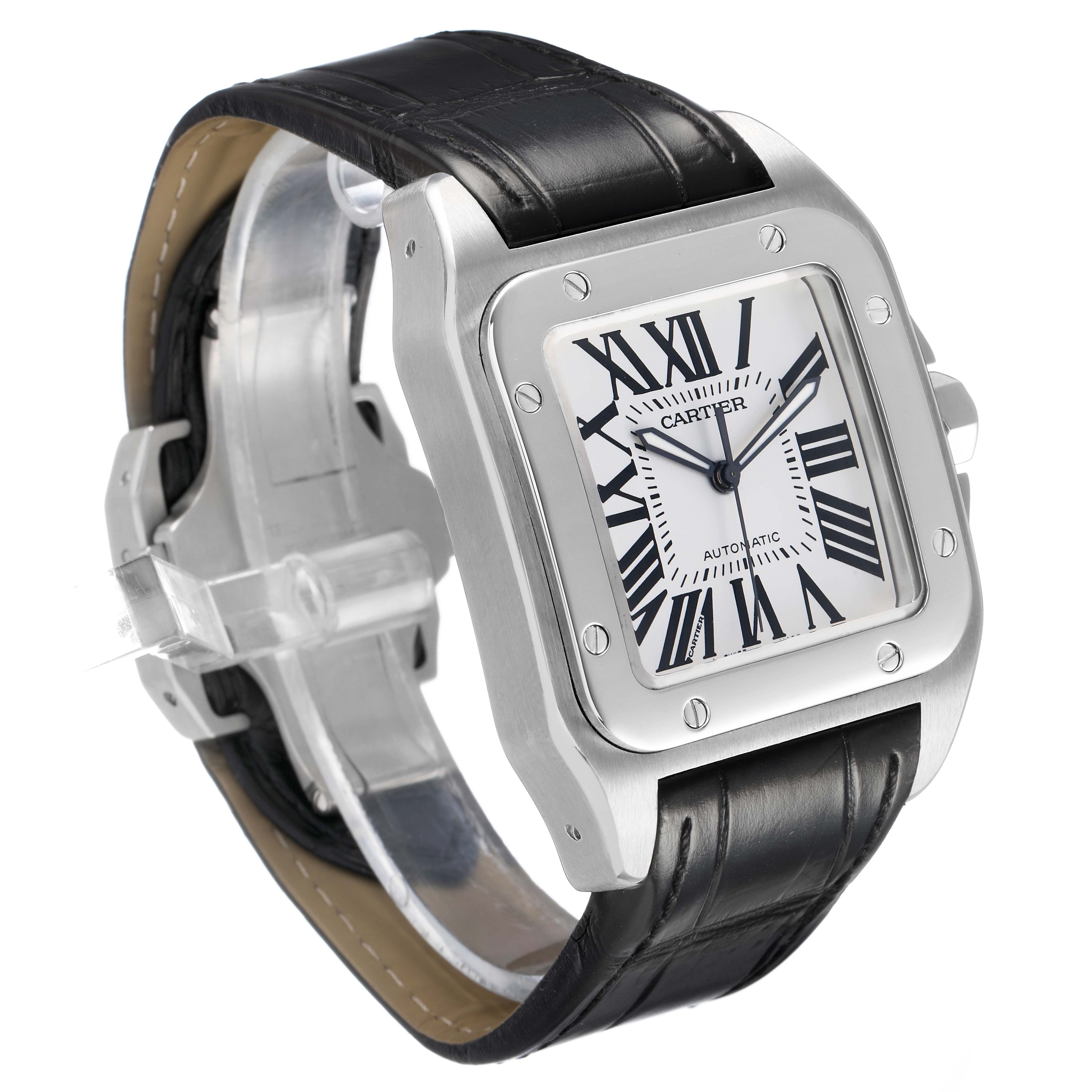 The Cartier Santos W20073X8 Men's Stainless Steel Silver Dial watch is shown at an angle highlighting its square face, Roman numeral dial, bezel screws, and black leather strap.