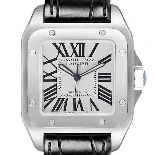 The image shows a front view of a Cartier Santos W20073X8 Men's Stainless Steel Silver Dial watch highlighting its face, bezel, and leather strap.