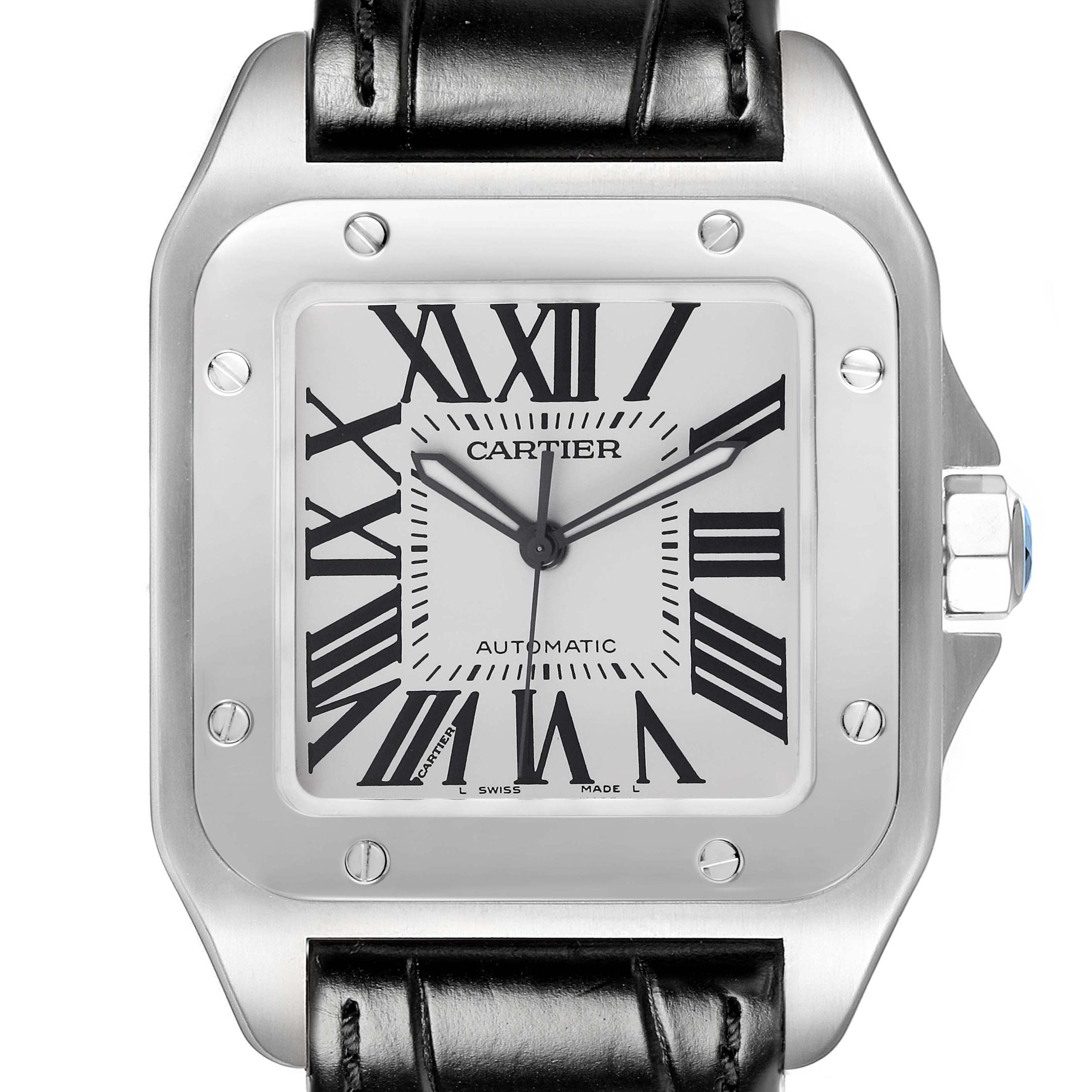 The image shows a close-up front view of a Cartier Santos W20073X8 Men's Stainless Steel Silver Dial watch, highlighting the dial, bezel, and part of the leather strap.