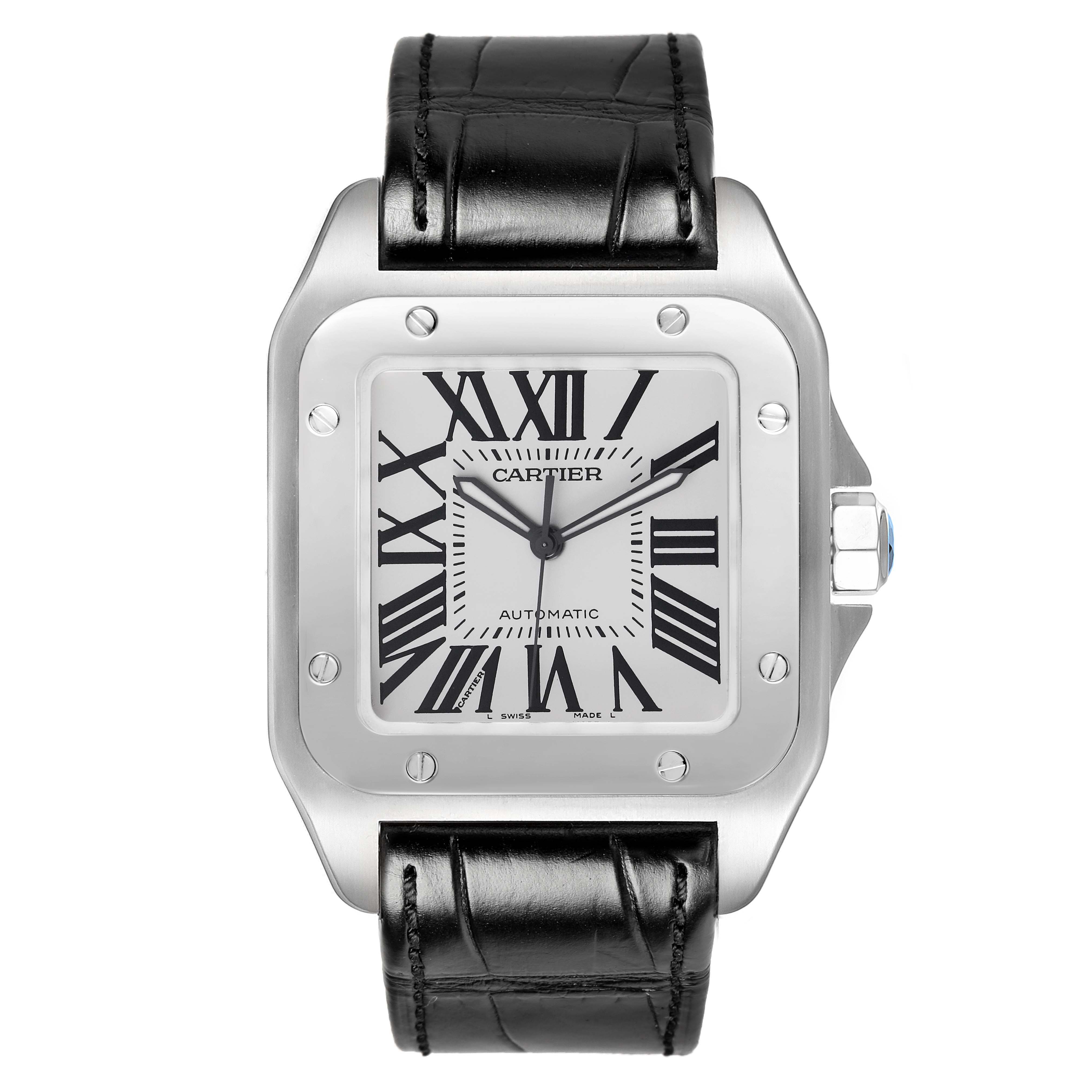 The Cartier Santos W20073X8 Men's Stainless Steel Silver Dial watch is shown from the front, highlighting its dial, case, bezel, and leather strap.