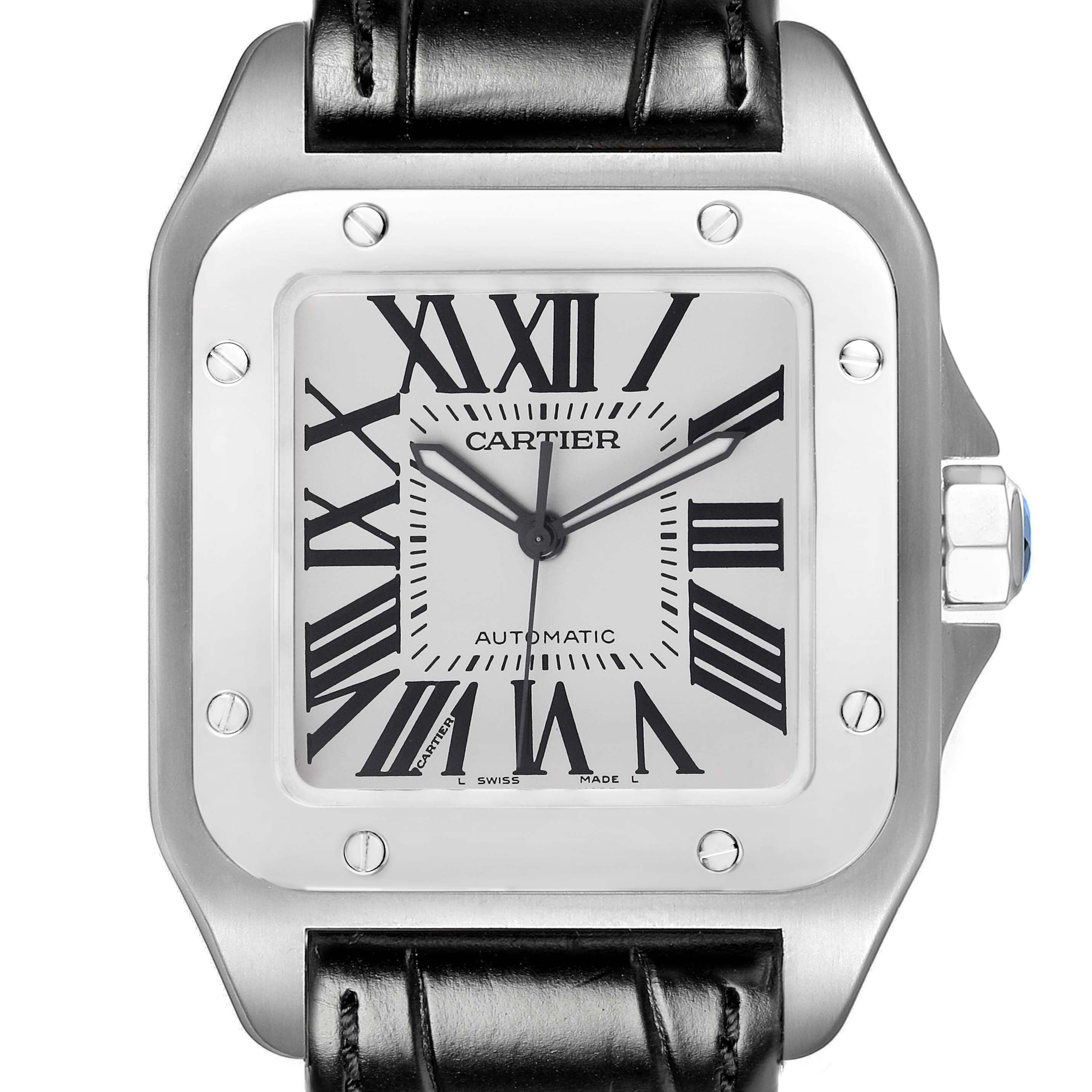 The Cartier Santos W20073X8 Men's Stainless Steel Silver Dial watch is shown from the front, highlighting the face, Roman numerals, bezel, and part of the black leather strap.