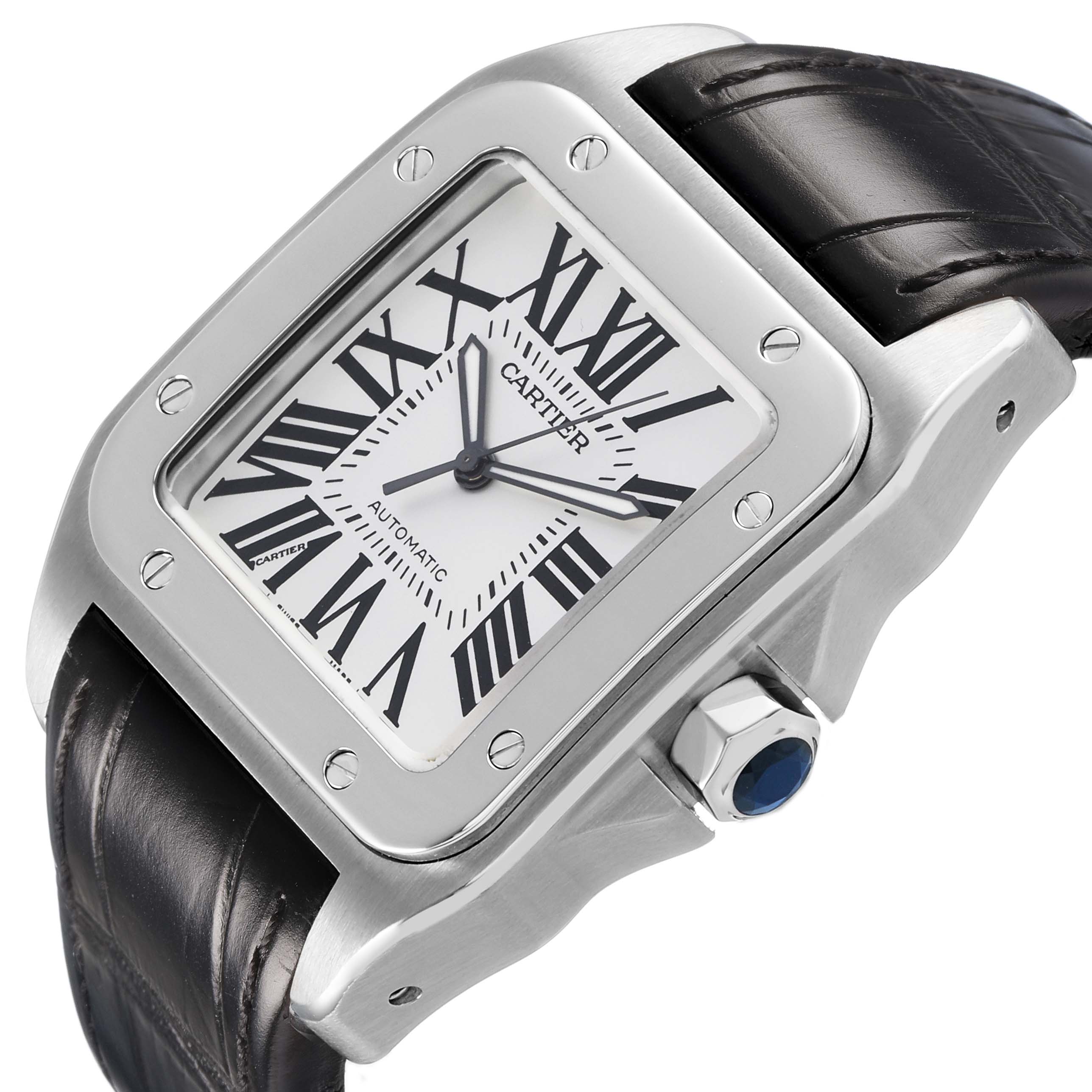 The Cartier Santos W20073X8 Men's Stainless Steel Silver Dial watch is shown from a front angle, displaying the face, bezel, crown, and strap.