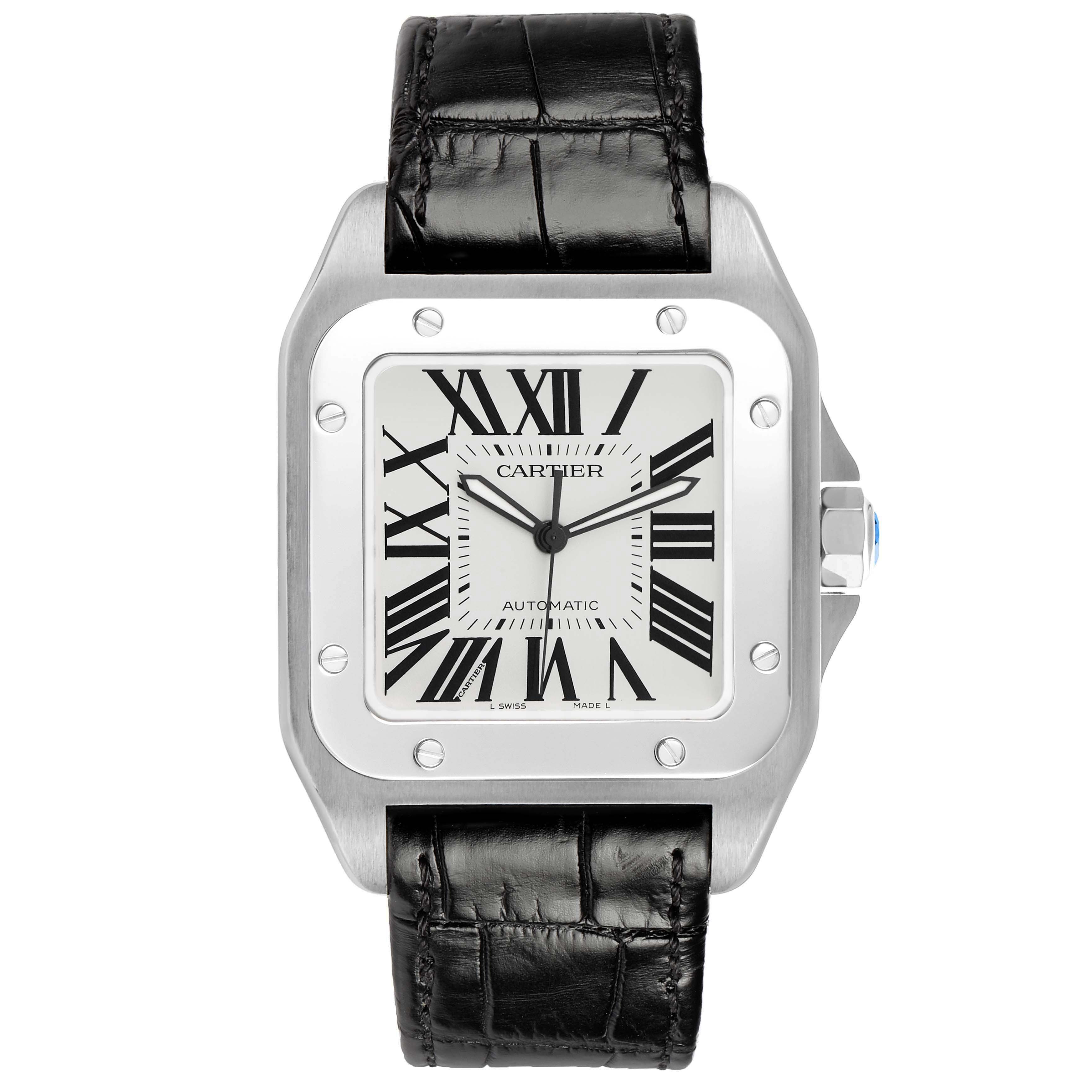 The Cartier Santos W20073X8 Men's Stainless Steel Silver Dial watch is shown from the front, highlighting its square face, Roman numerals, and black leather strap.
