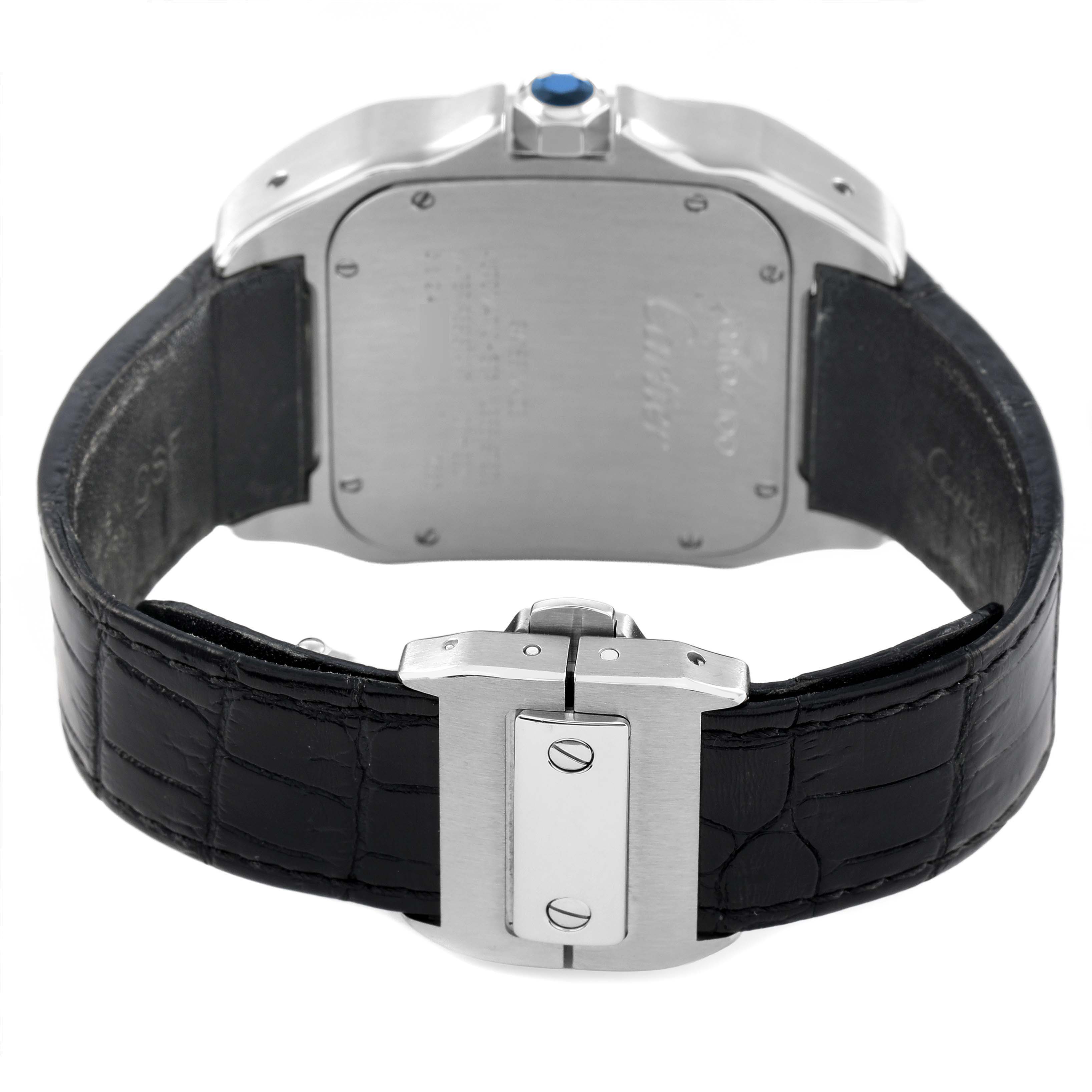The Cartier Santos W20073X8 Men's Stainless Steel Silver Dial watch is shown from the back, highlighting the case back, crown, and black leather strap with a clasp.