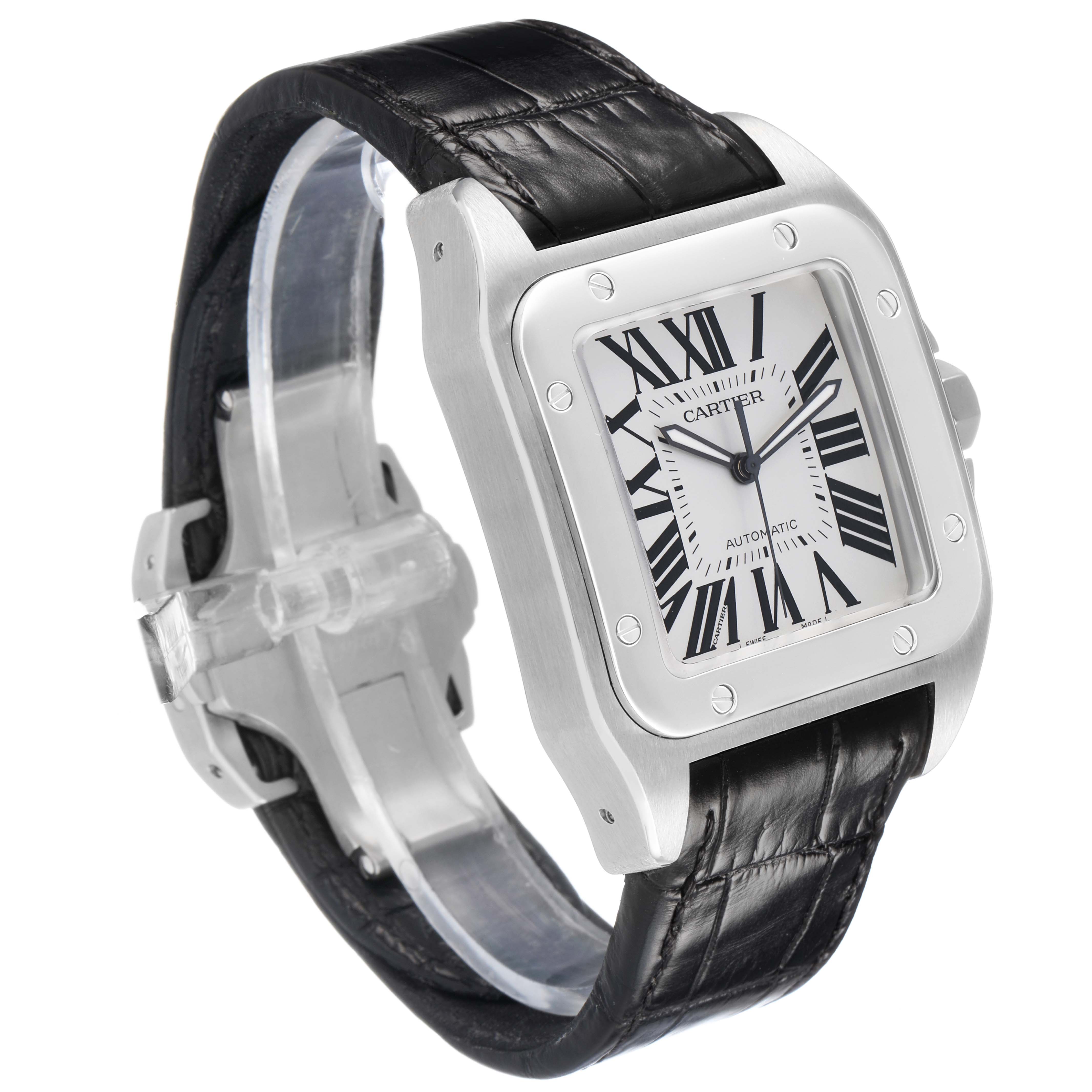 The Cartier Santos W20073X8 Men's Stainless Steel Silver Dial watch is shown at a three-quarter angle, highlighting its square face, Roman numerals, and black leather strap.