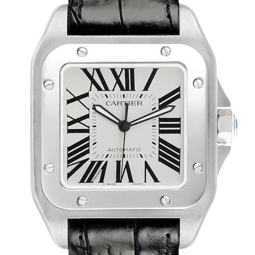 The Cartier Santos W20073X8 Men's Stainless Steel Silver Dial watch is shown from the front, highlighting its face, bezel, and part of the leather strap.